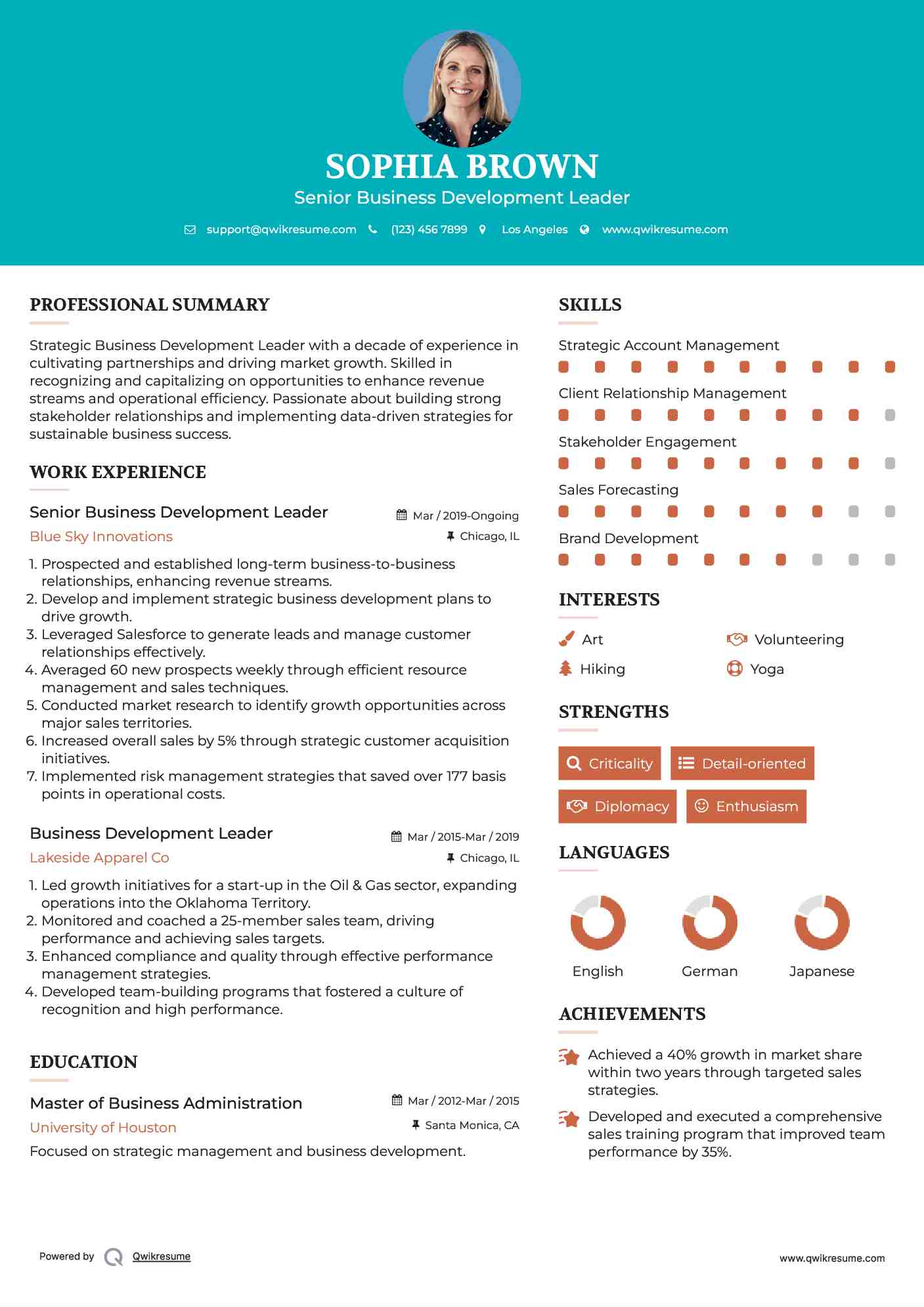 Senior Business Development Leader Resume Sample