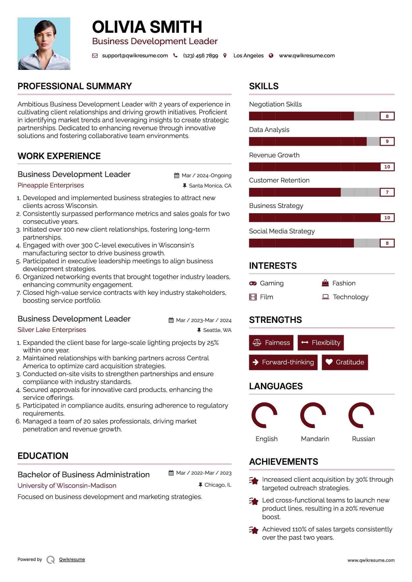 Business Development Leader Resume Example