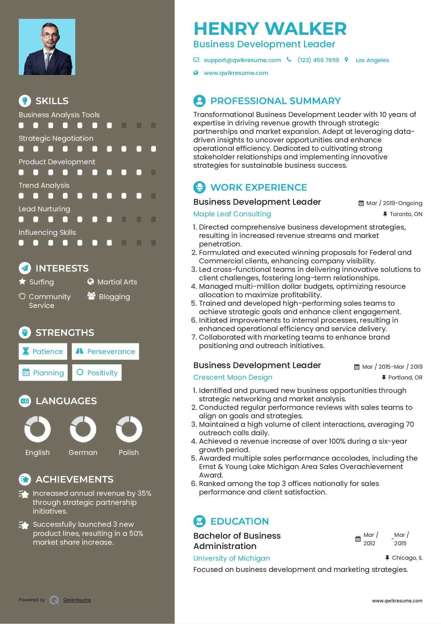 Business Development Leader Resume Sample