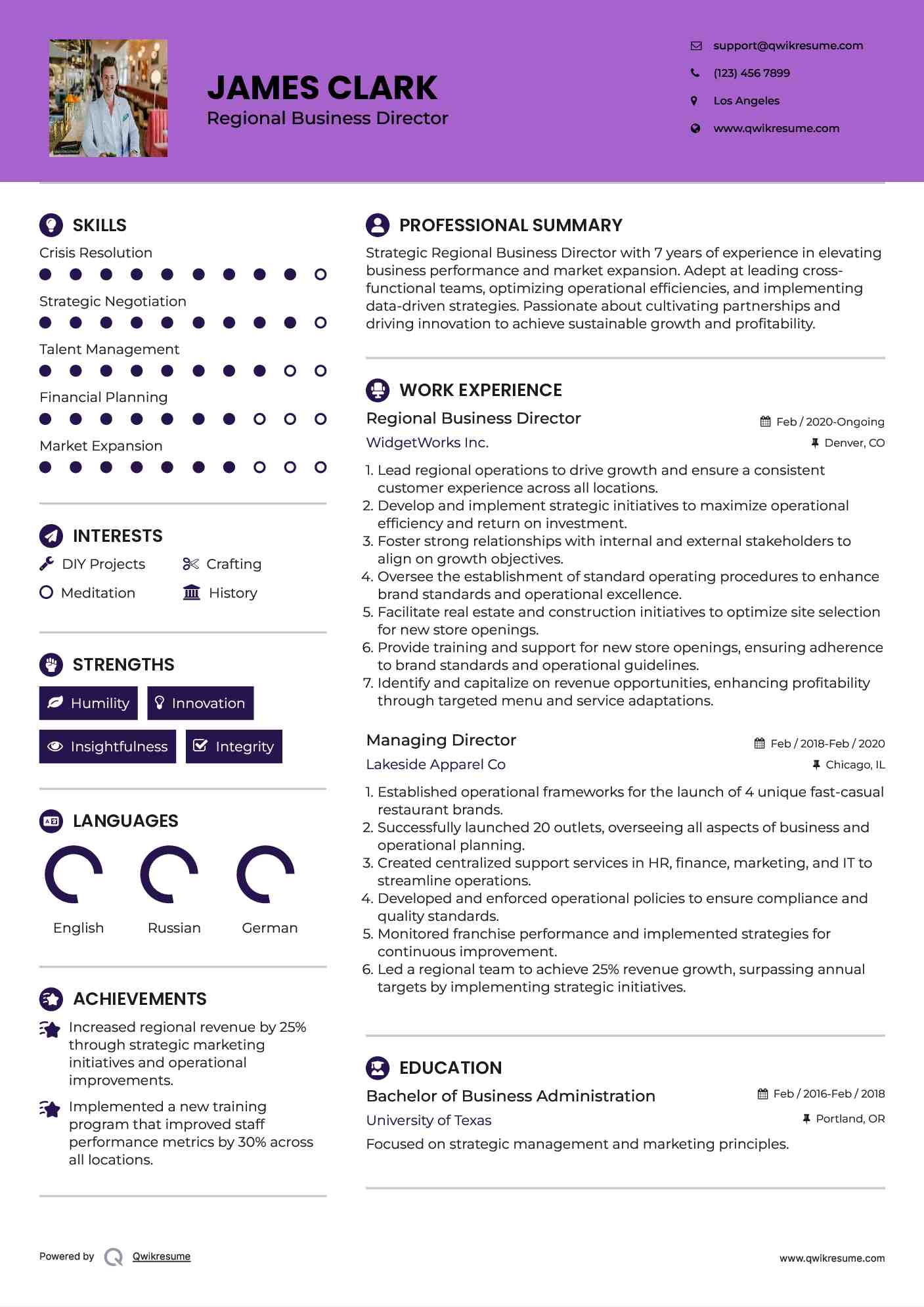 Regional Business Director Resume Sample