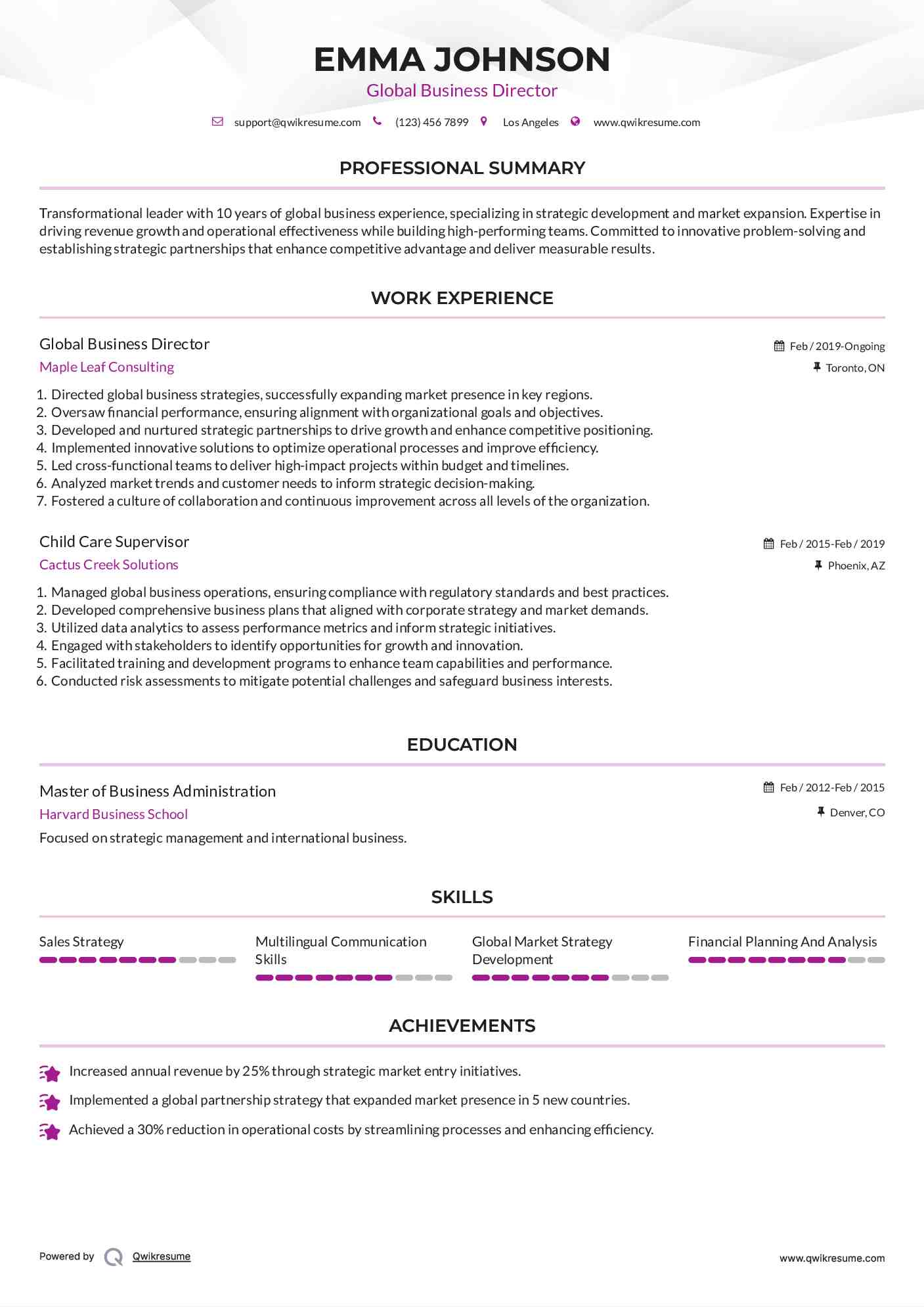 Global Business Director Resume Example