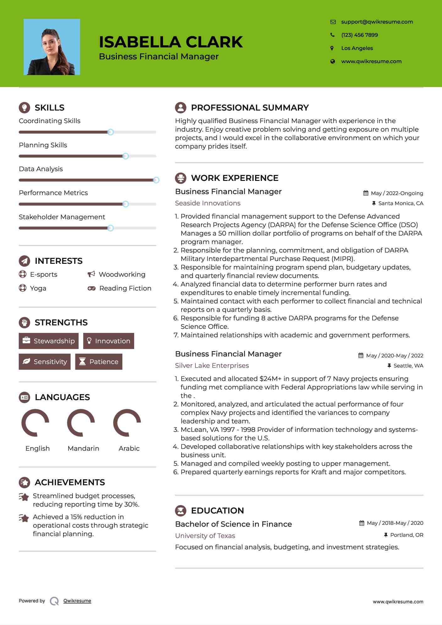 Business Financial Manager Resume Sample