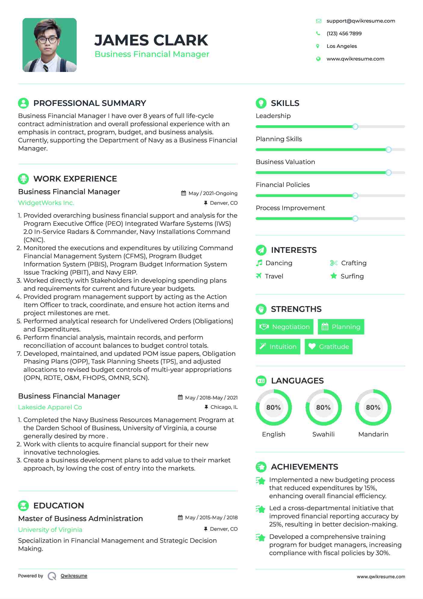 Business Financial Manager Resume Model