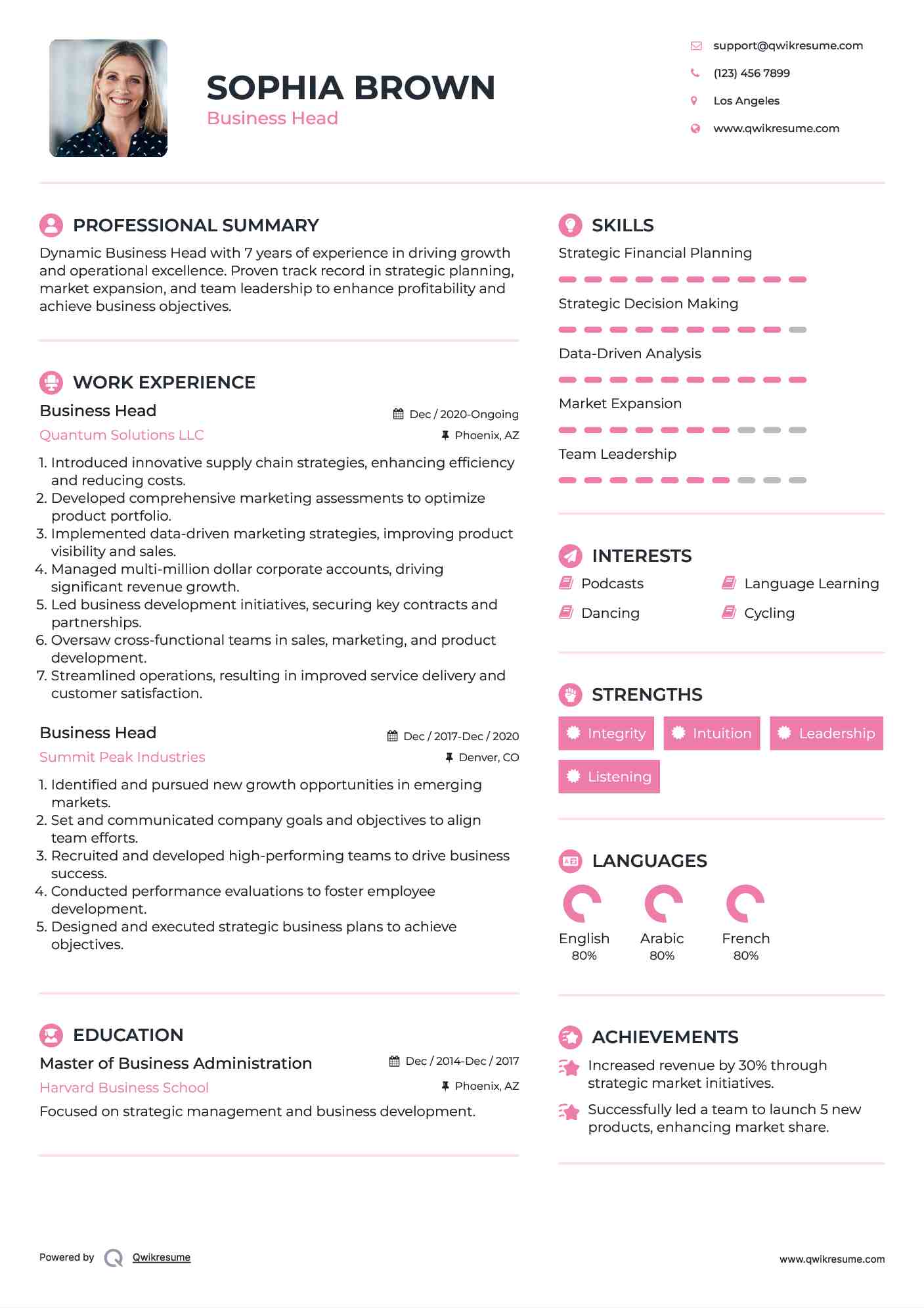 Business Head Resume Model