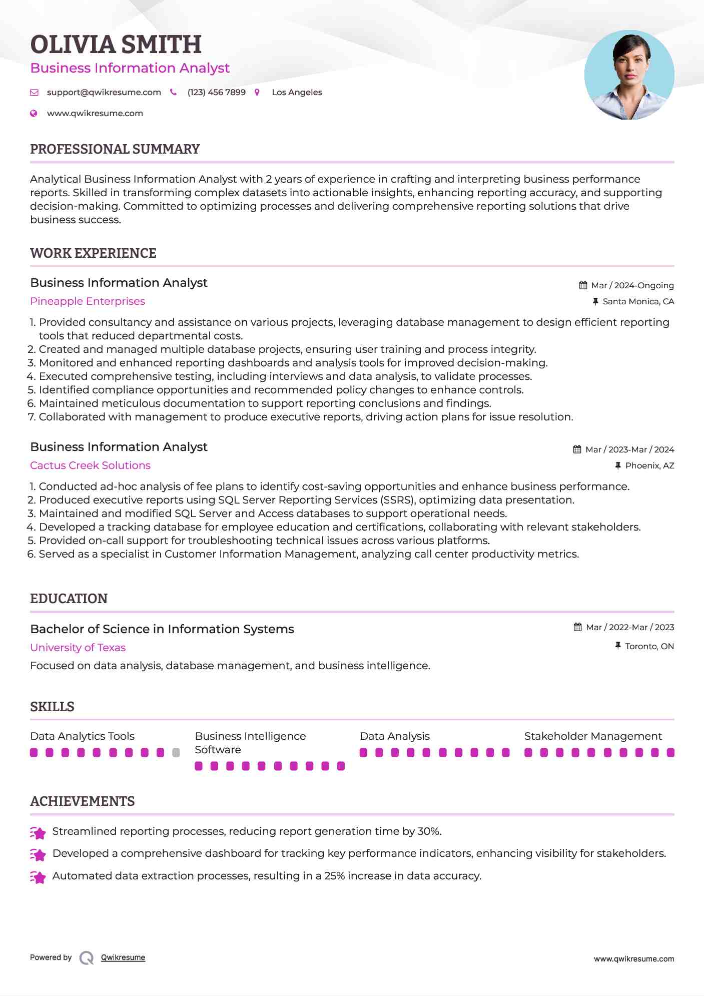 Business Information Analyst Resume Example