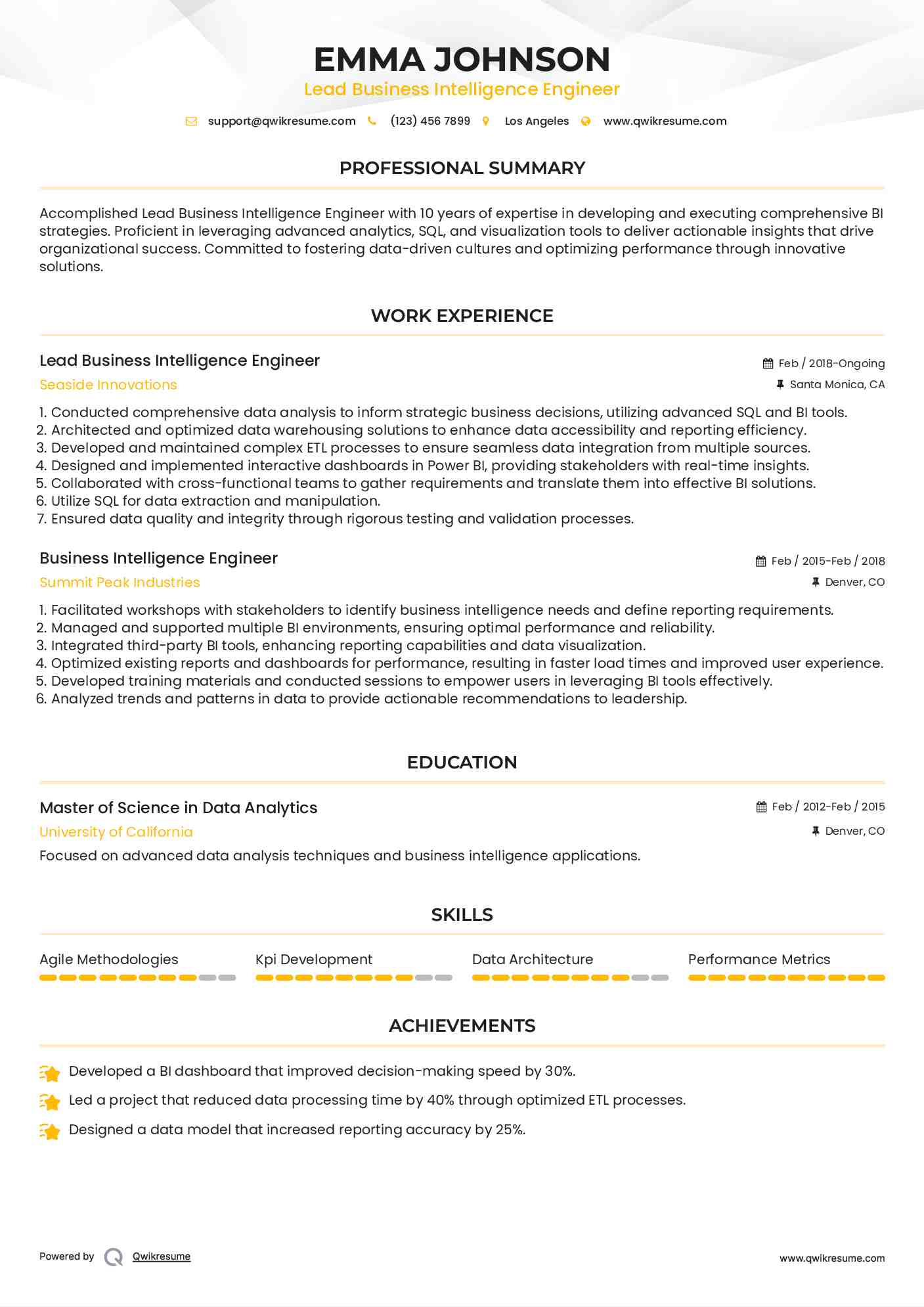 Lead Business Intelligence Engineer Resume Model