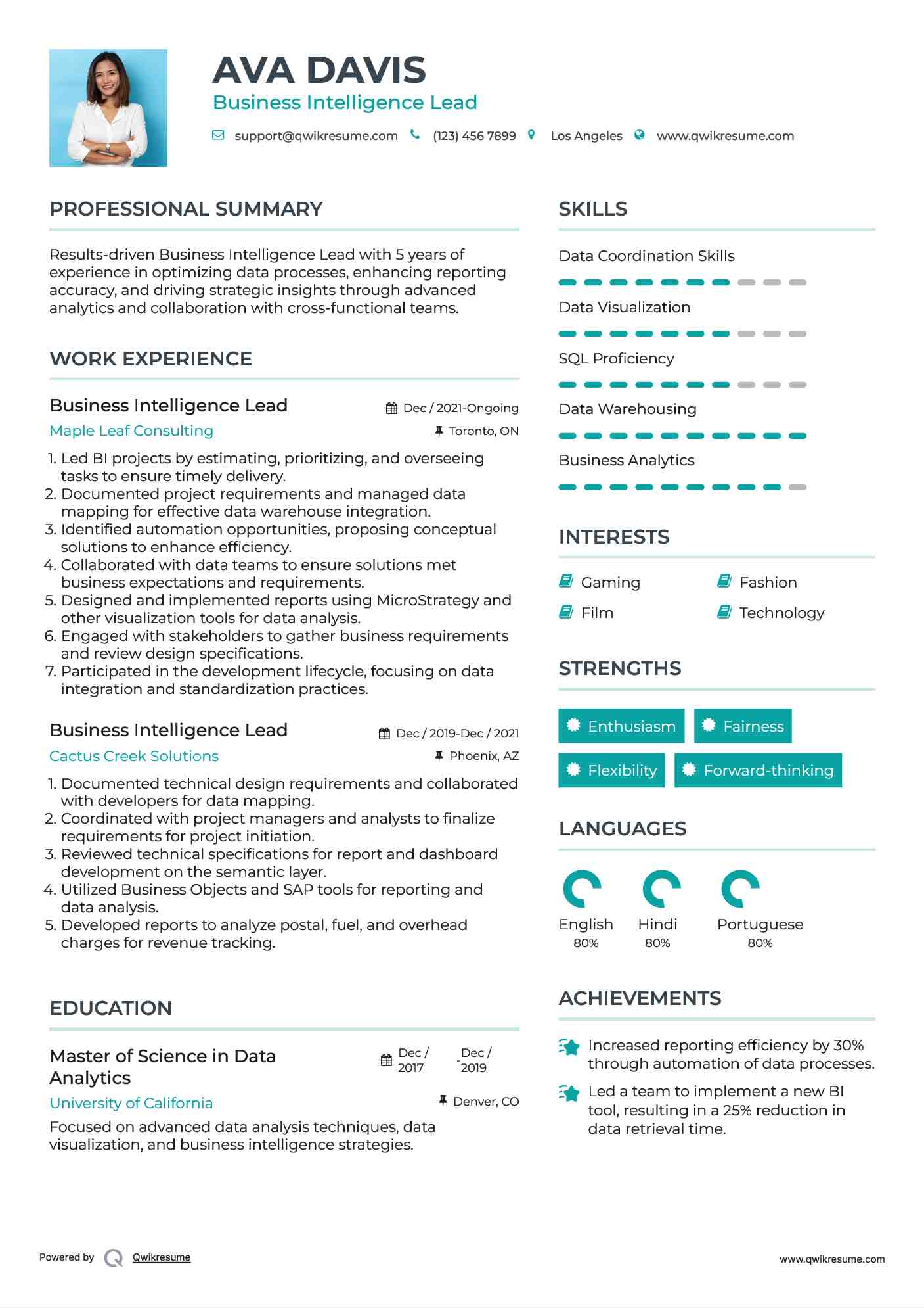Business Intelligence Lead Resume Sample