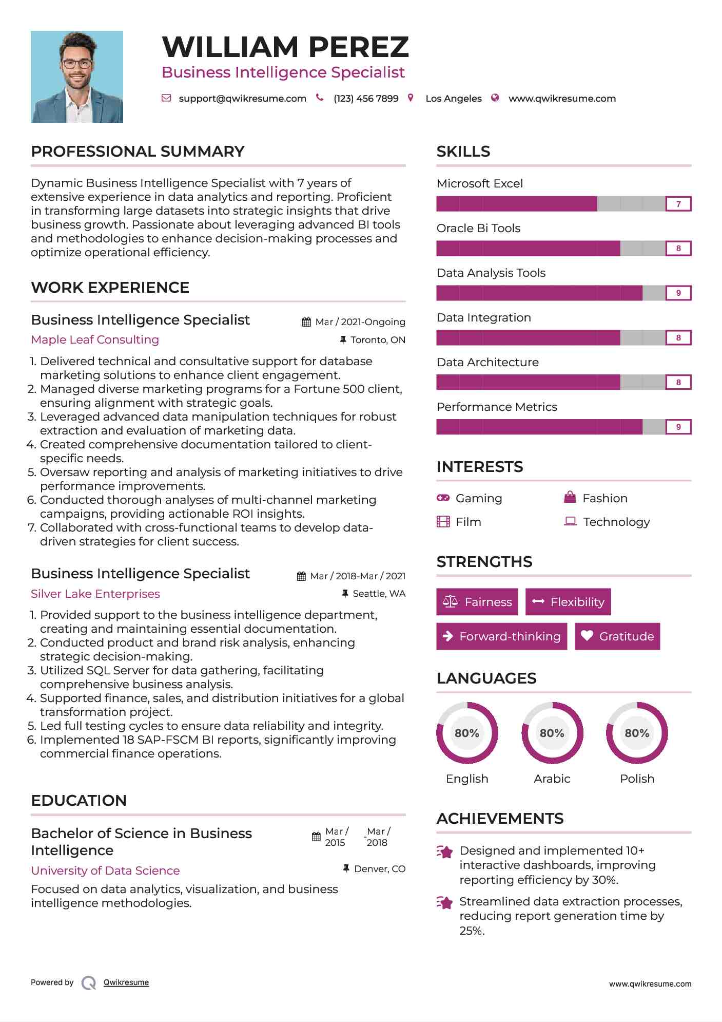 Business Intelligence Specialist Resume Template