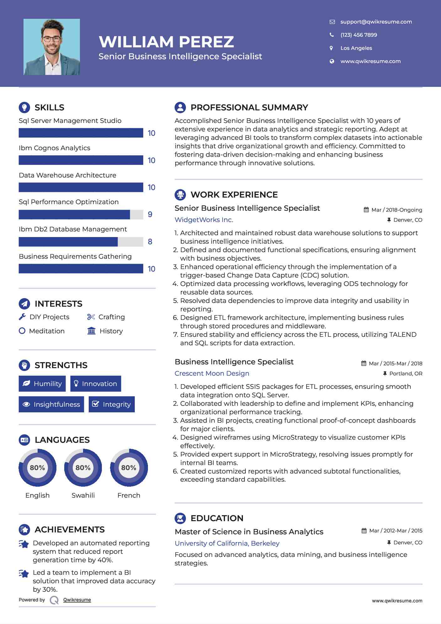 Senior Business Intelligence Specialist  Resume Template