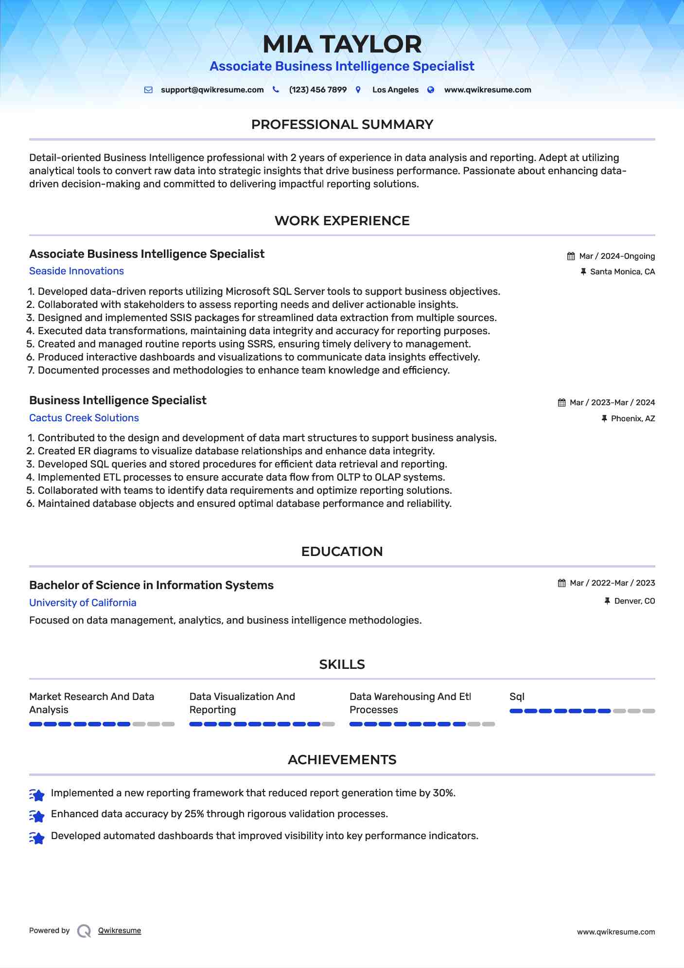 Associate Business Intelligence Specialist  Resume Sample
