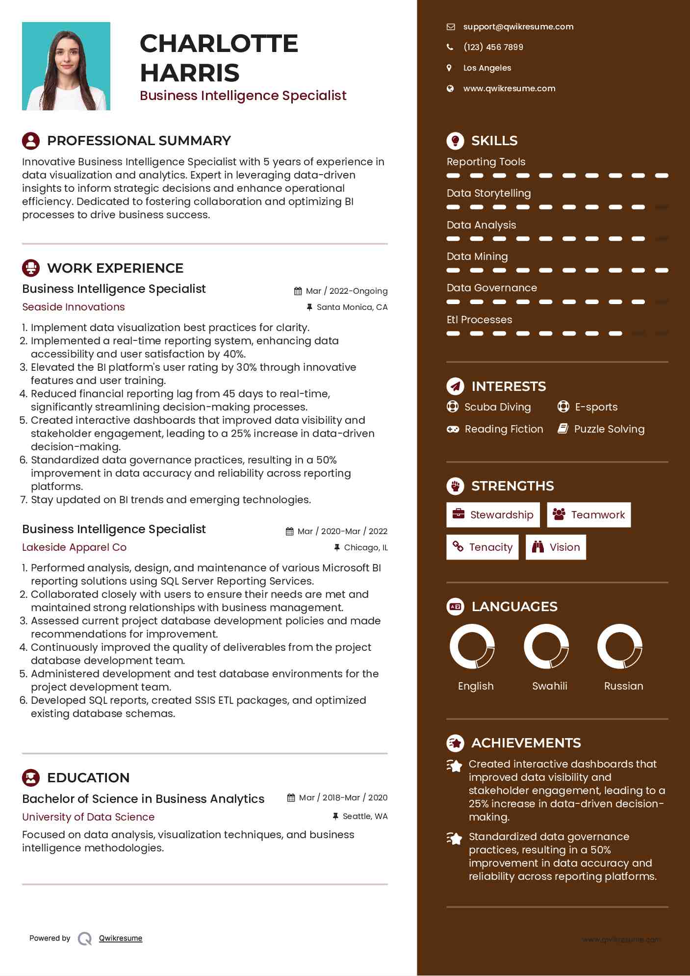 Business Intelligence Specialist Resume Model