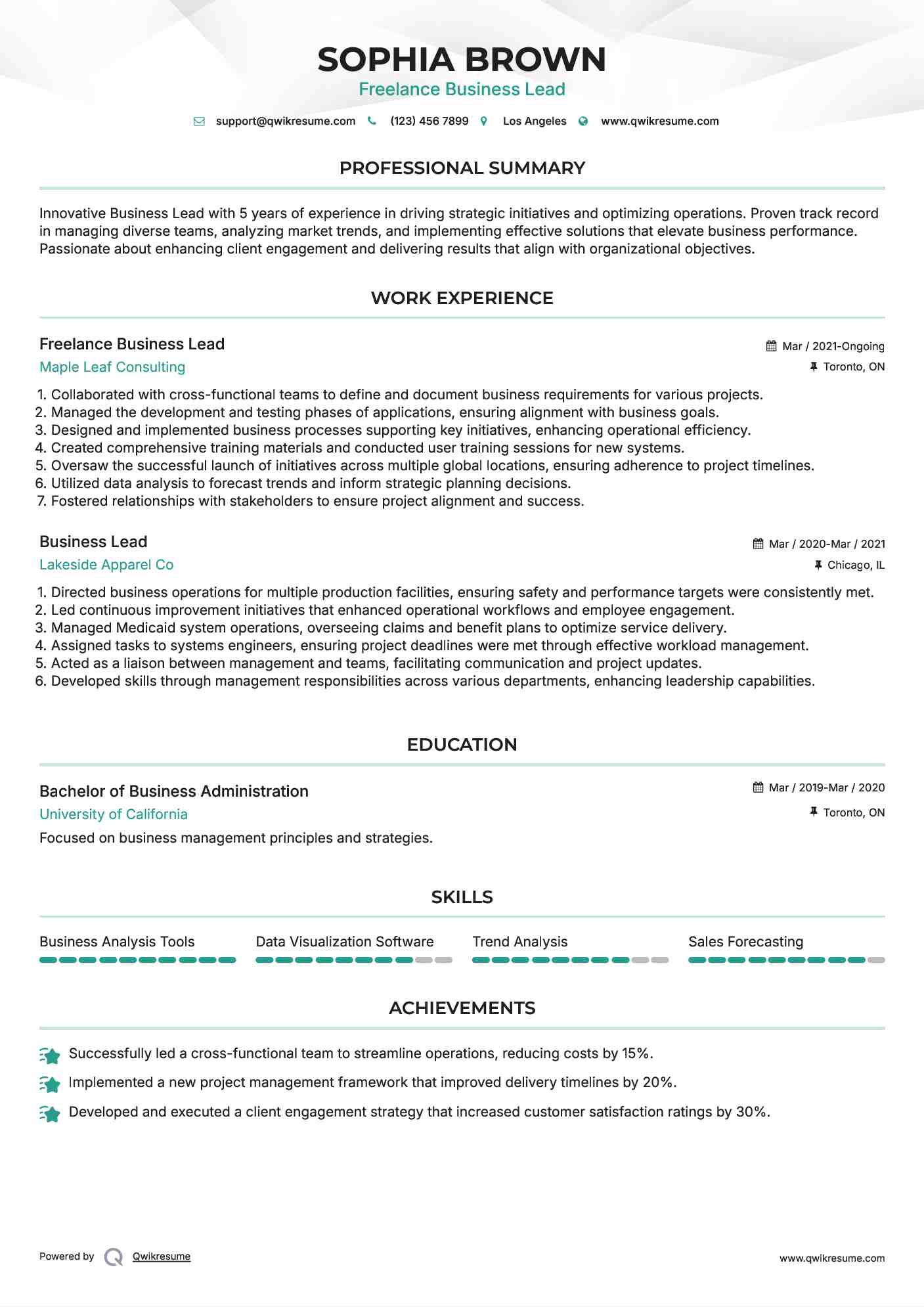 Freelance Business Lead Resume Format