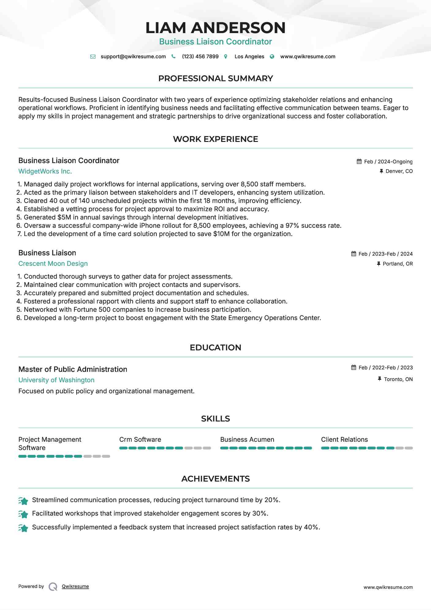 Business Liaison Coordinator Resume Template