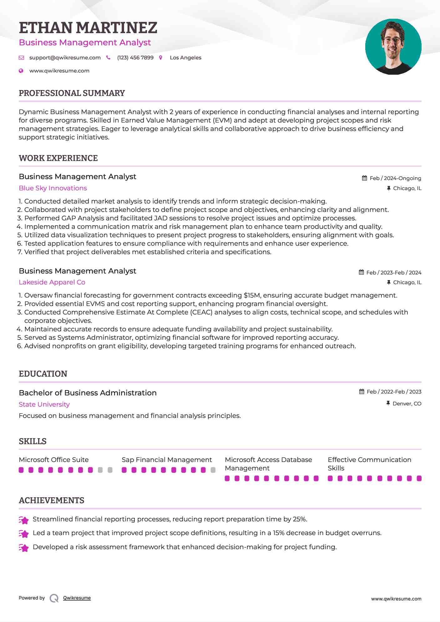 Business Management Analyst Resume Example