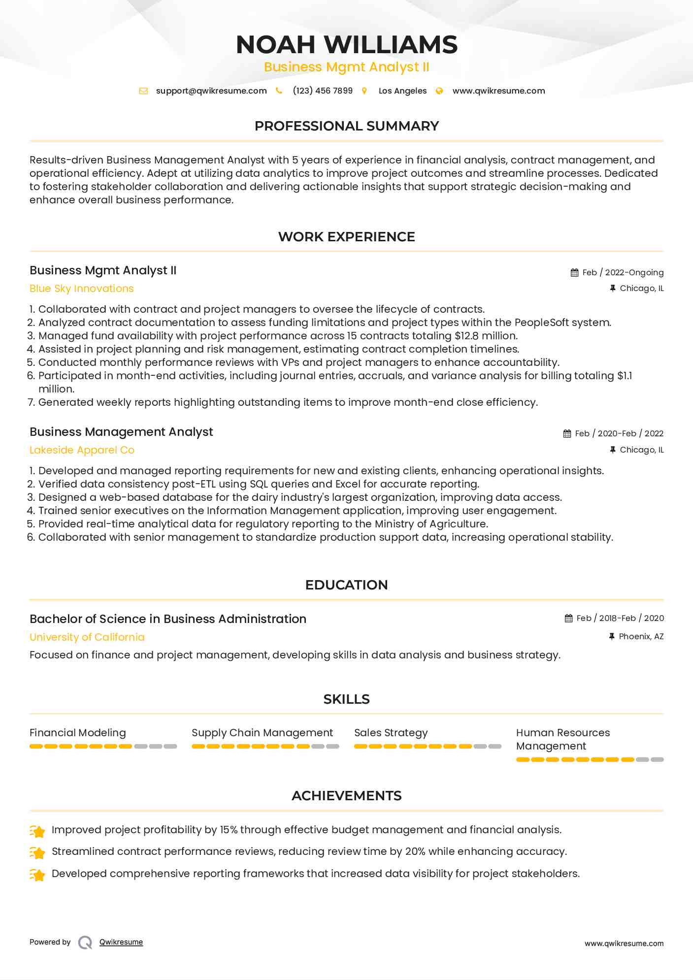 Business Mgmt Analyst II  Resume Sample