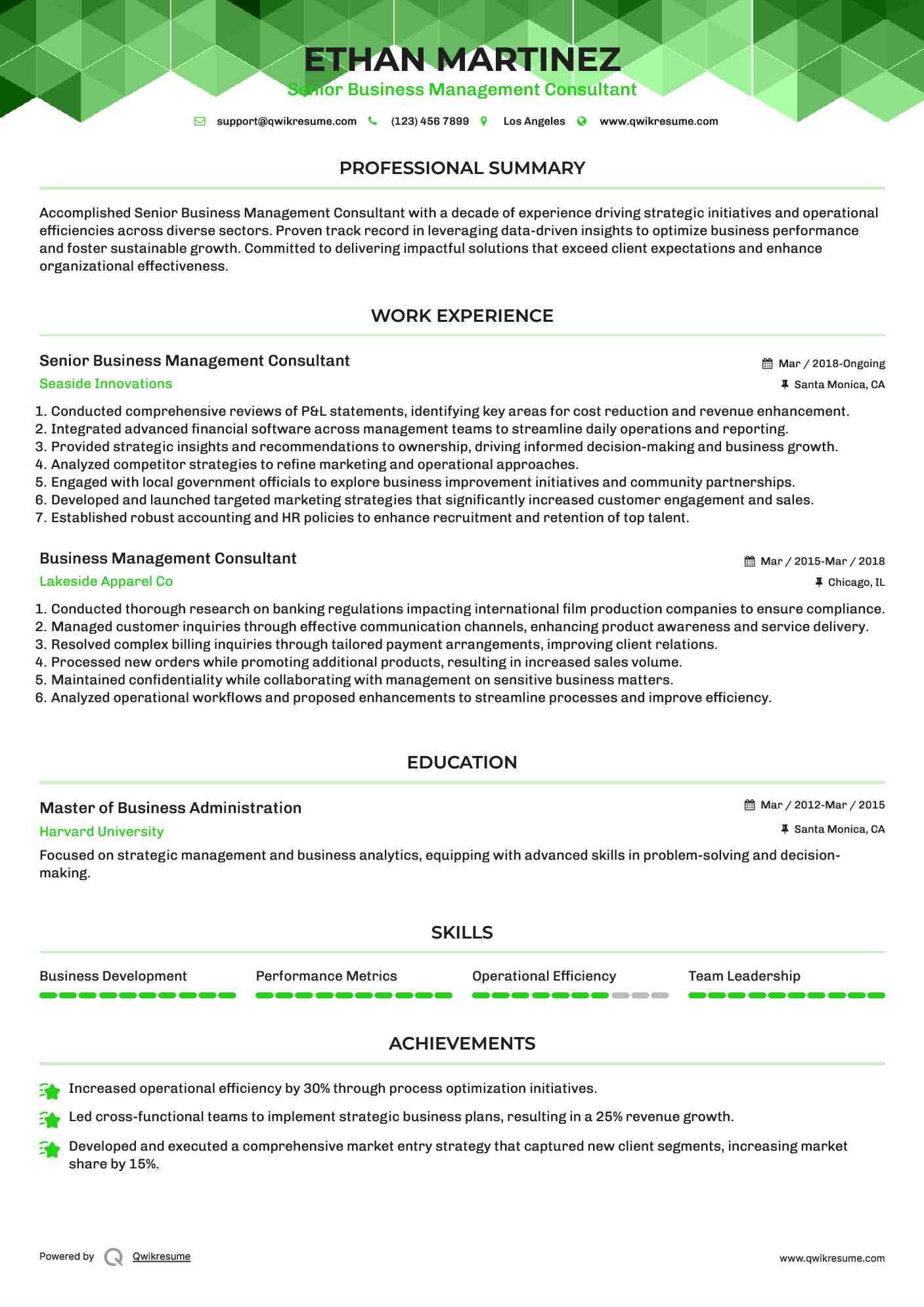 Senior Business Management Consultant Resume Example
