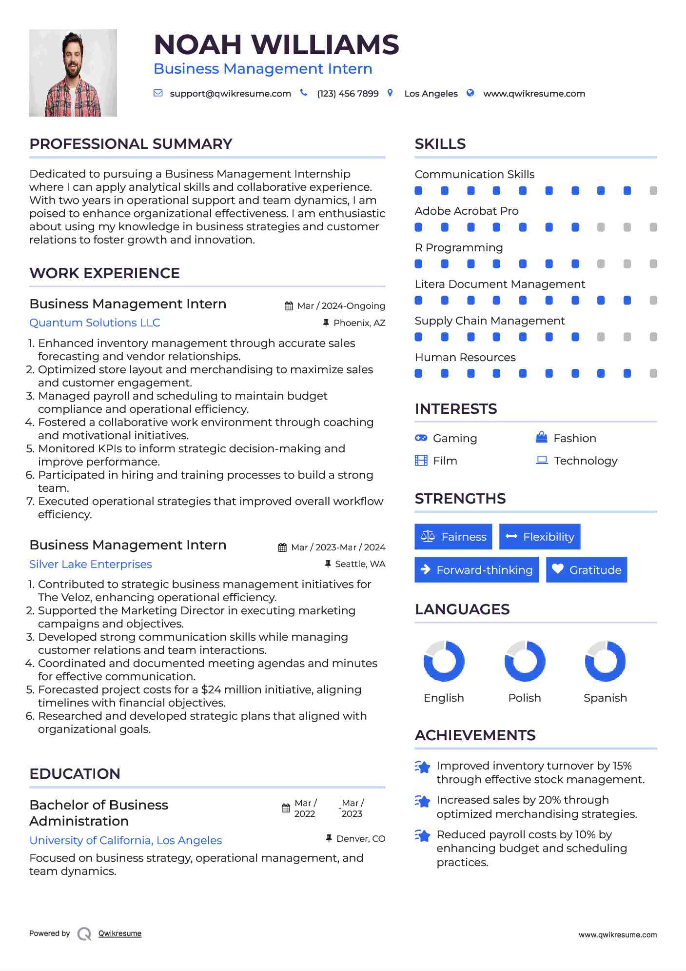 Business Management Intern Resume Model