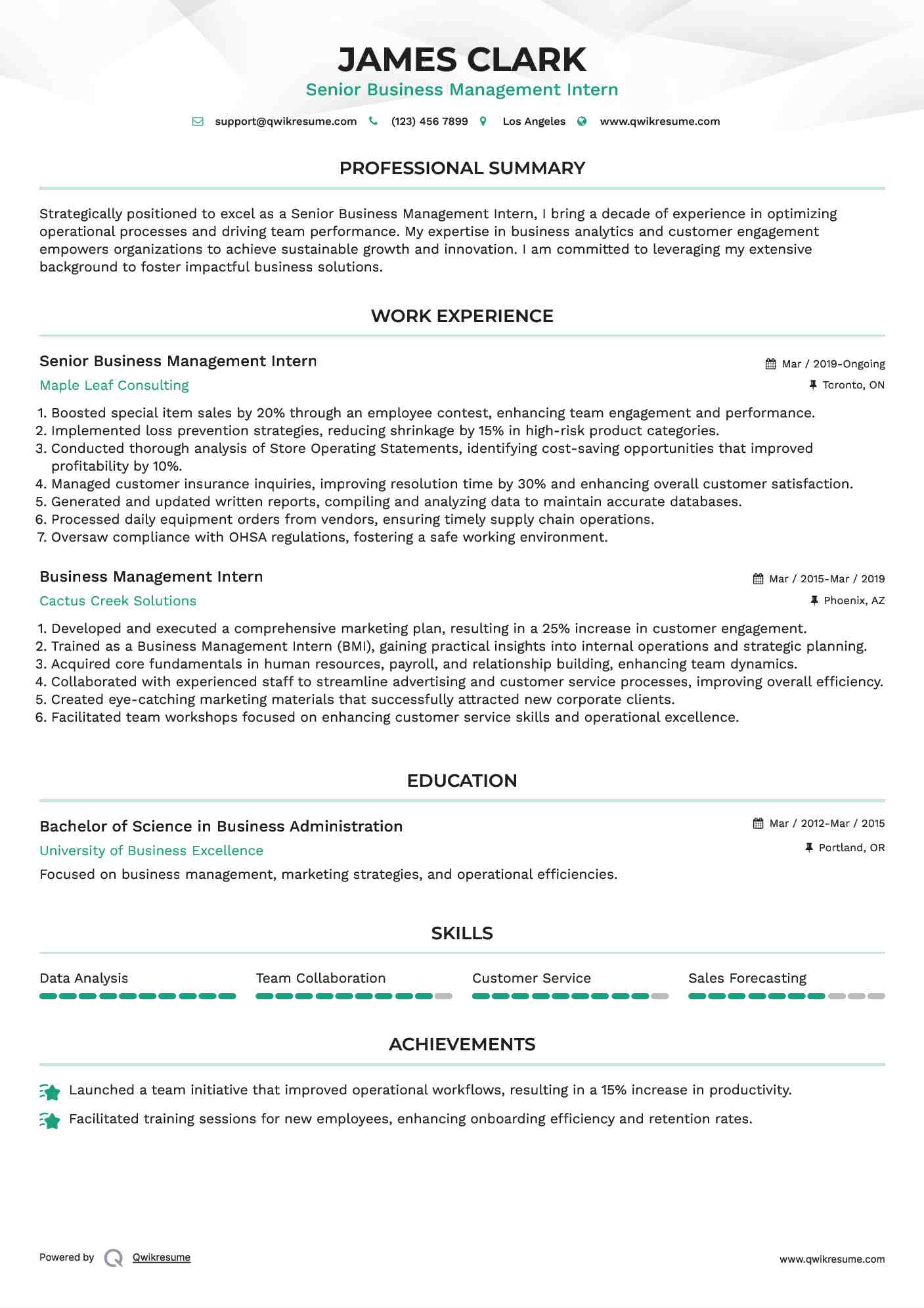 Senior Business Management Intern Resume Model