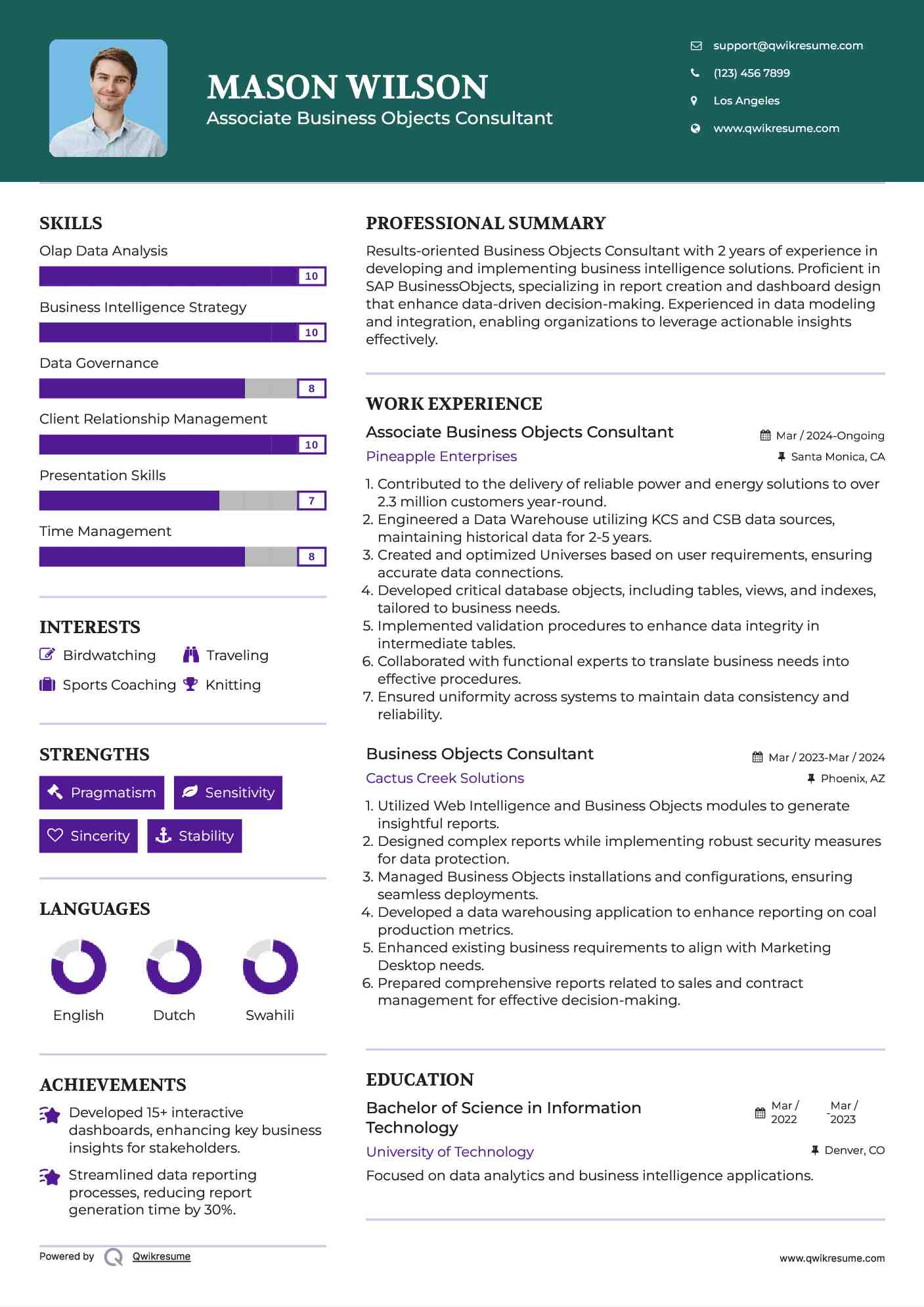 Associate Business Objects Consultant  Resume Example