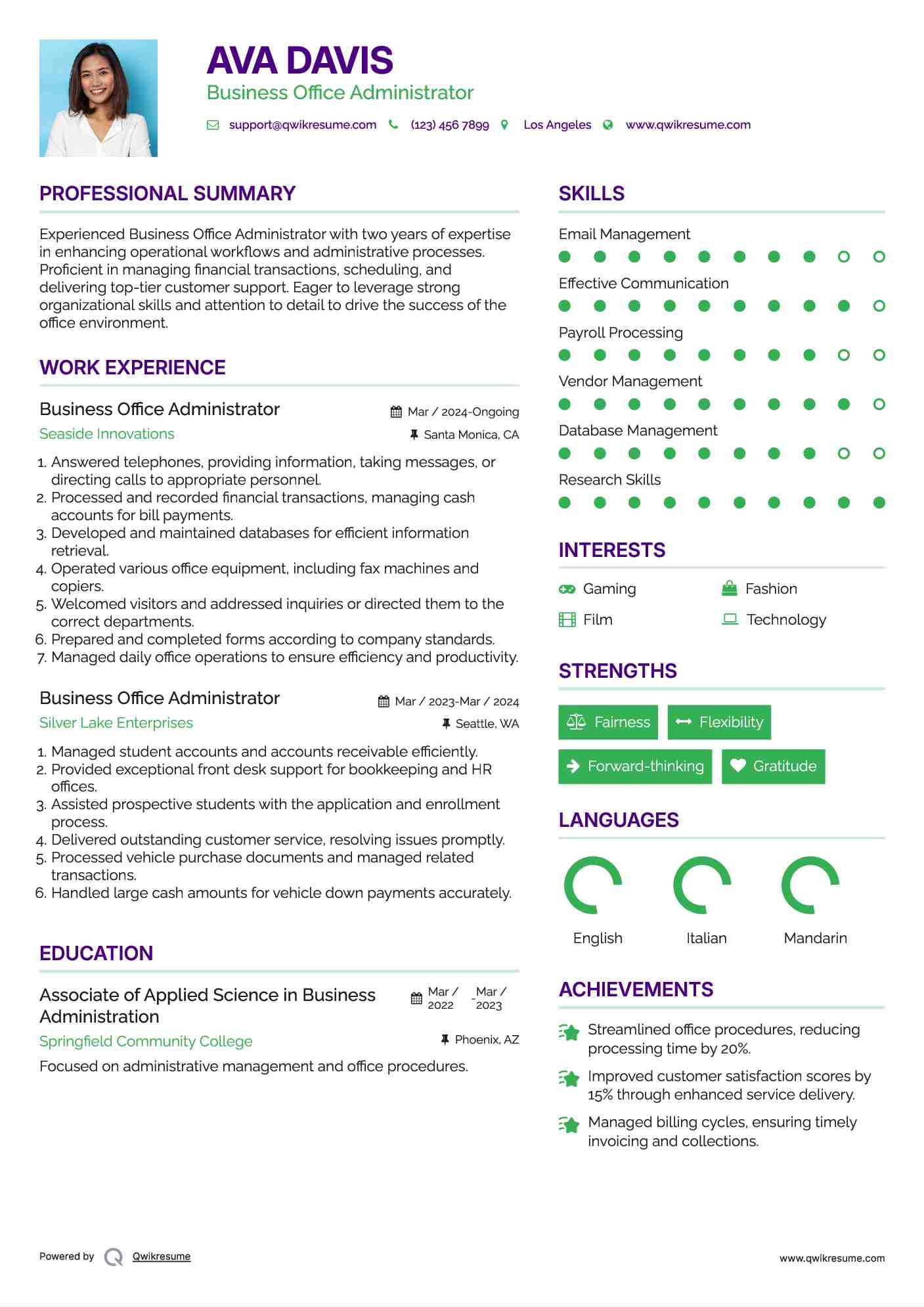 Business Office Administrator Resume Model