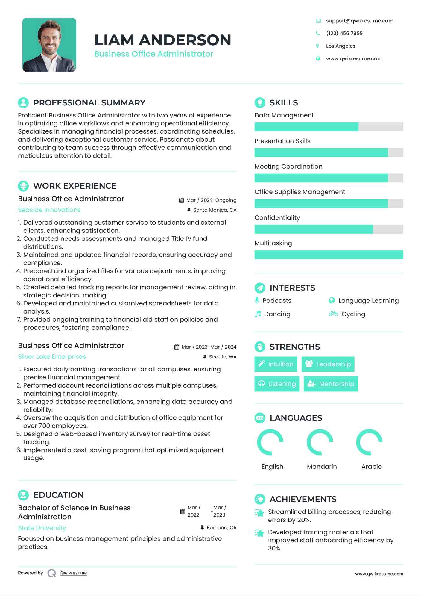 Business Office Administrator Resume Model