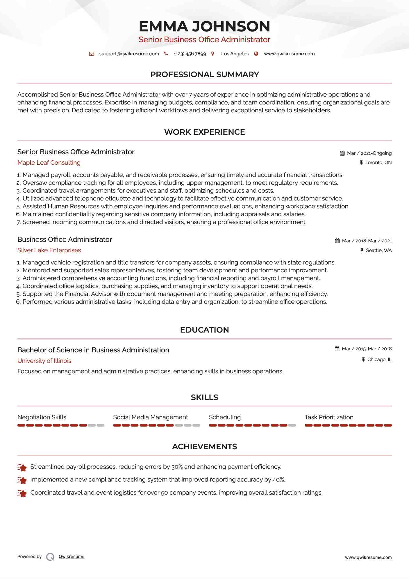 Senior Business Office Administrator Resume Example