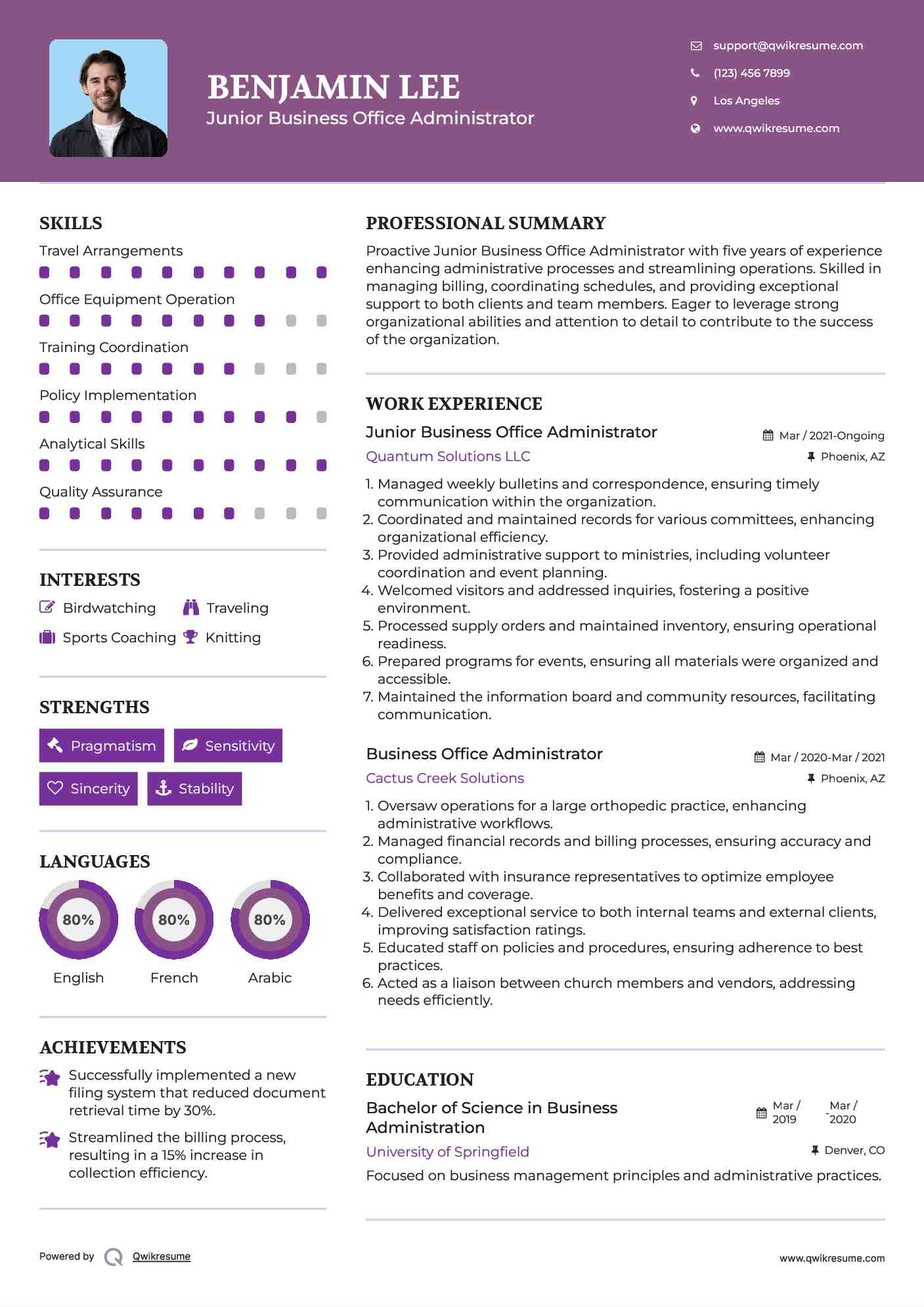 Junior Business Office Administrator Resume Sample