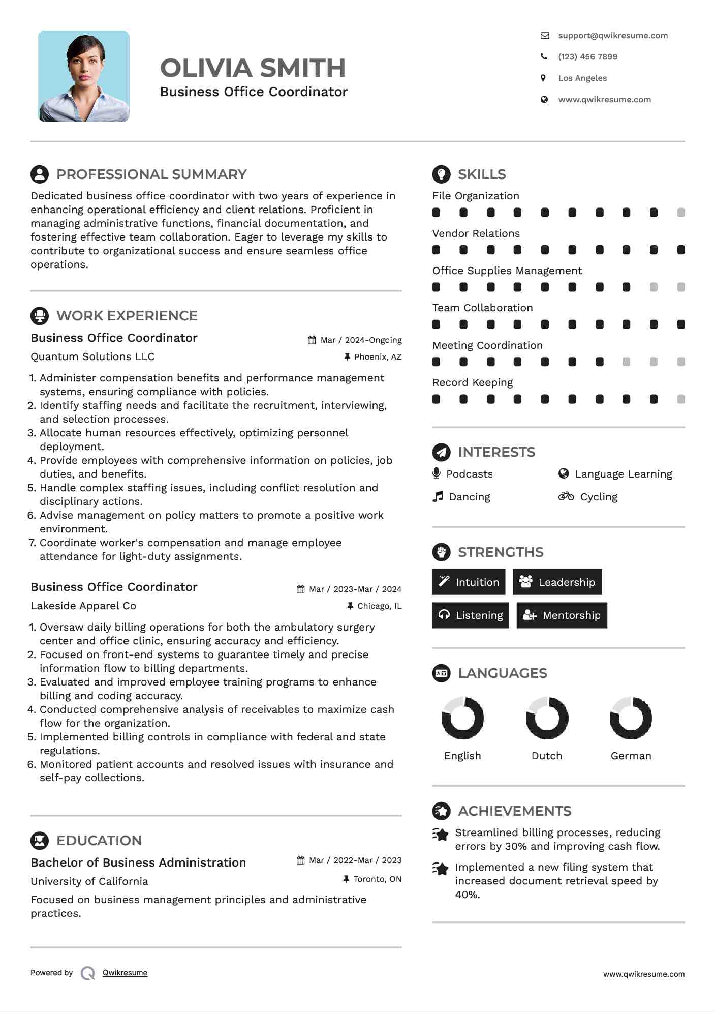 Business Office Coordinator Resume Format