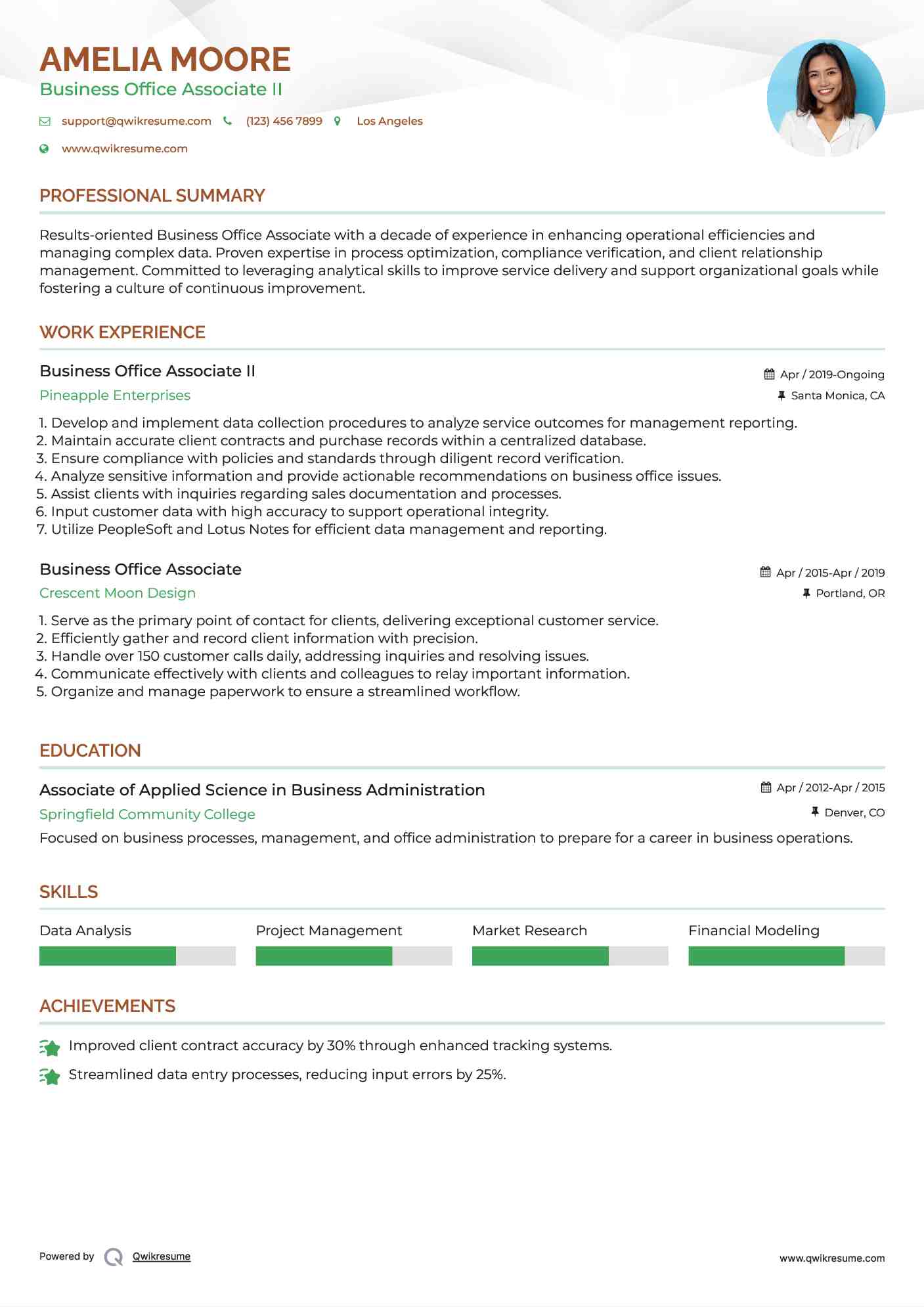 Business Office Associate II Resume Sample