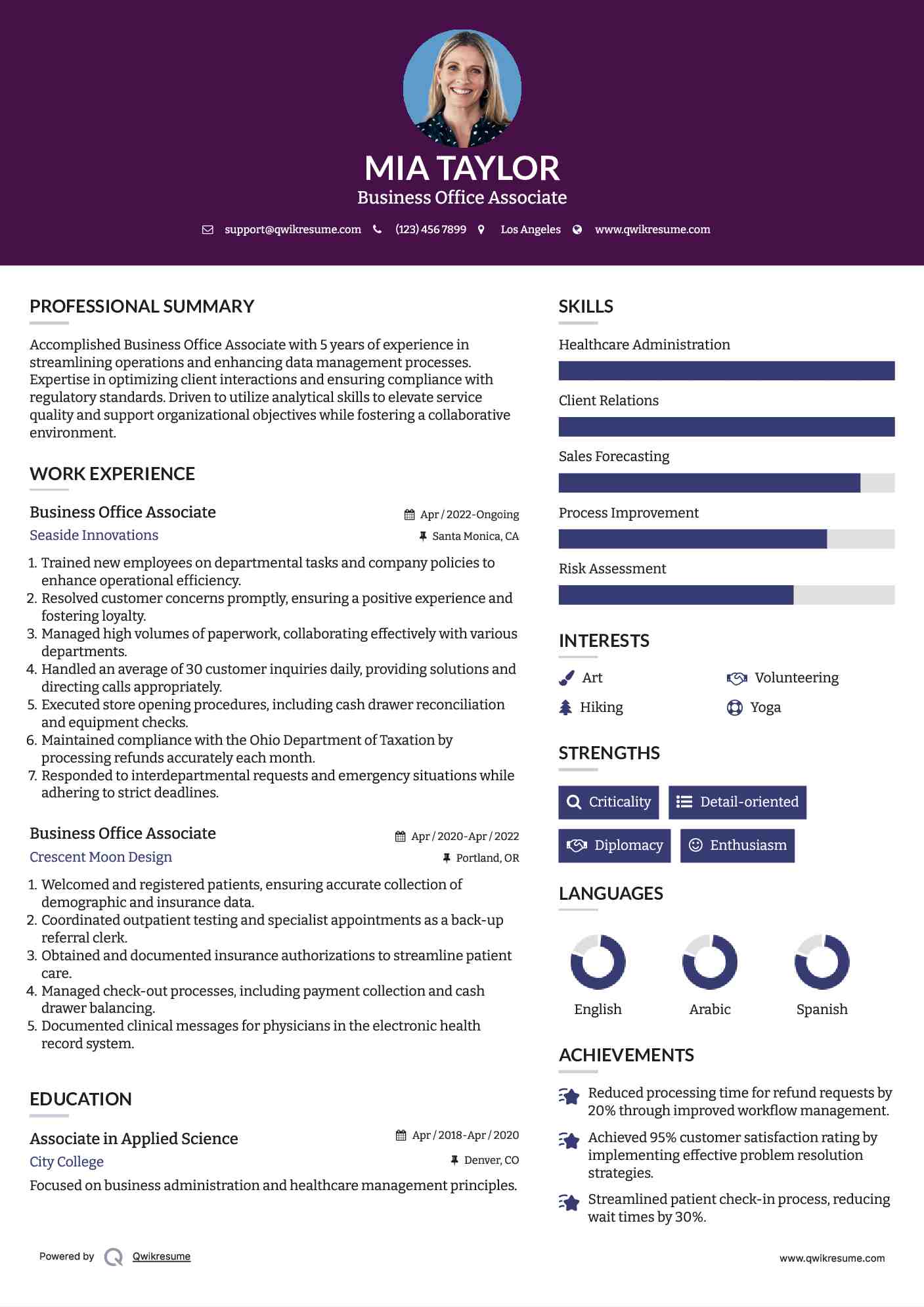 Business Office Associate Resume Template