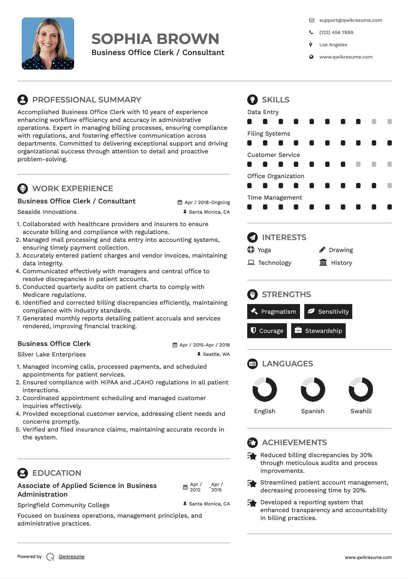 Business Office Clerk / Consultant Resume Model