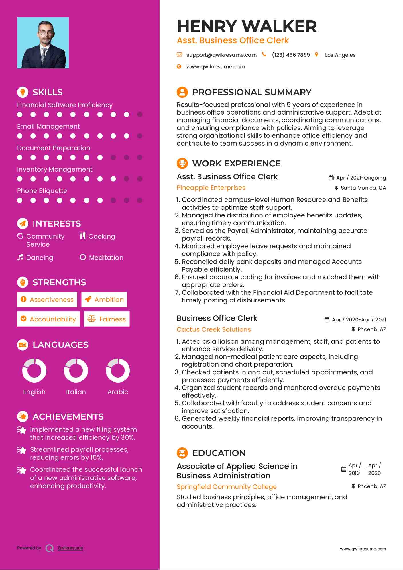 Asst. Business Office Clerk  Resume Model