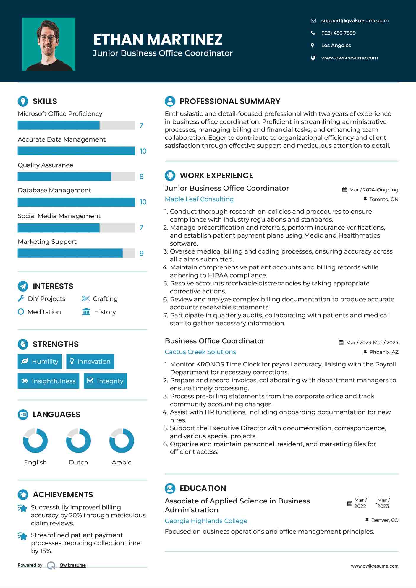 Junior Business Office Coordinator  Resume Example