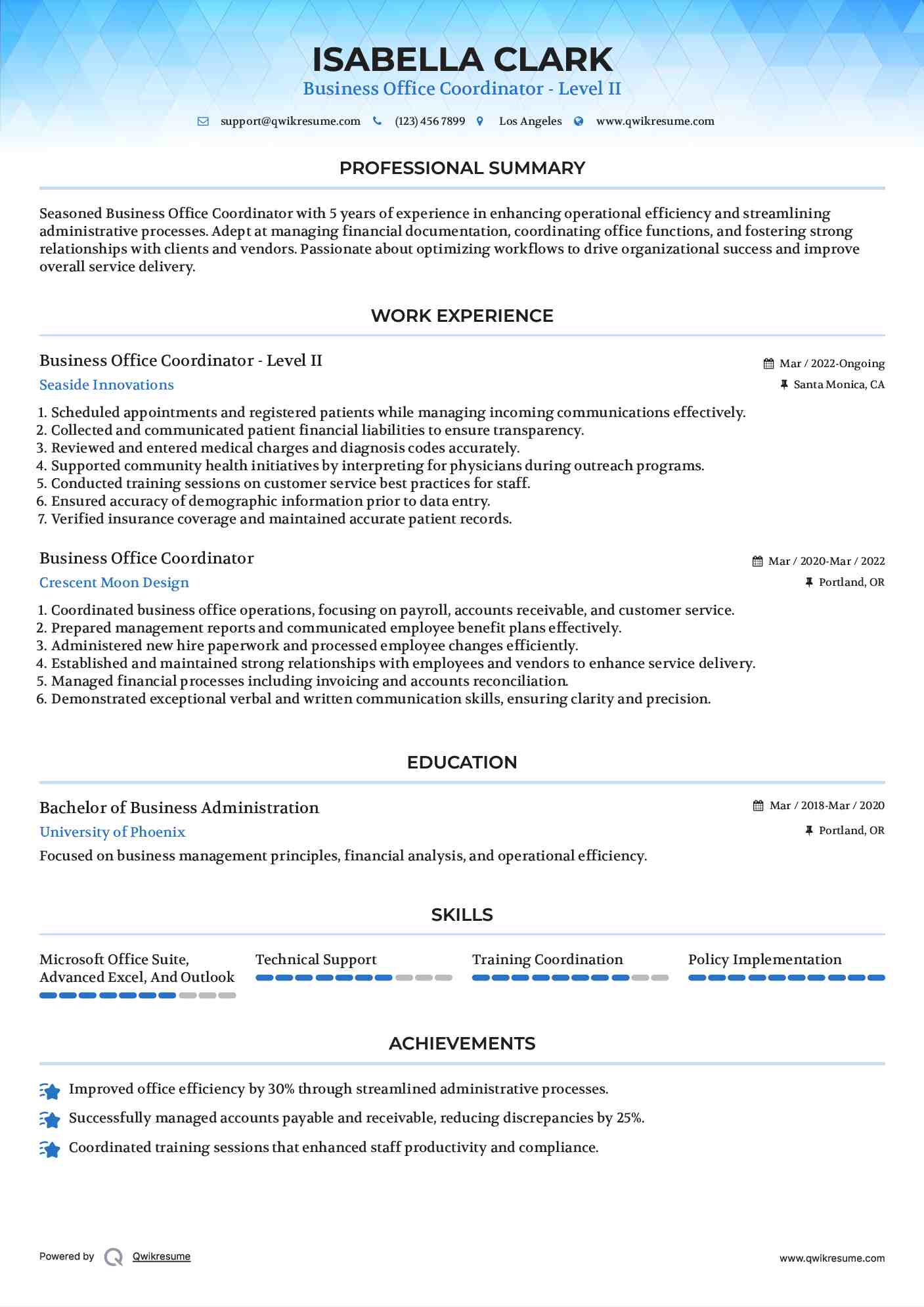 Business Office Coordinator - Level II Resume Template