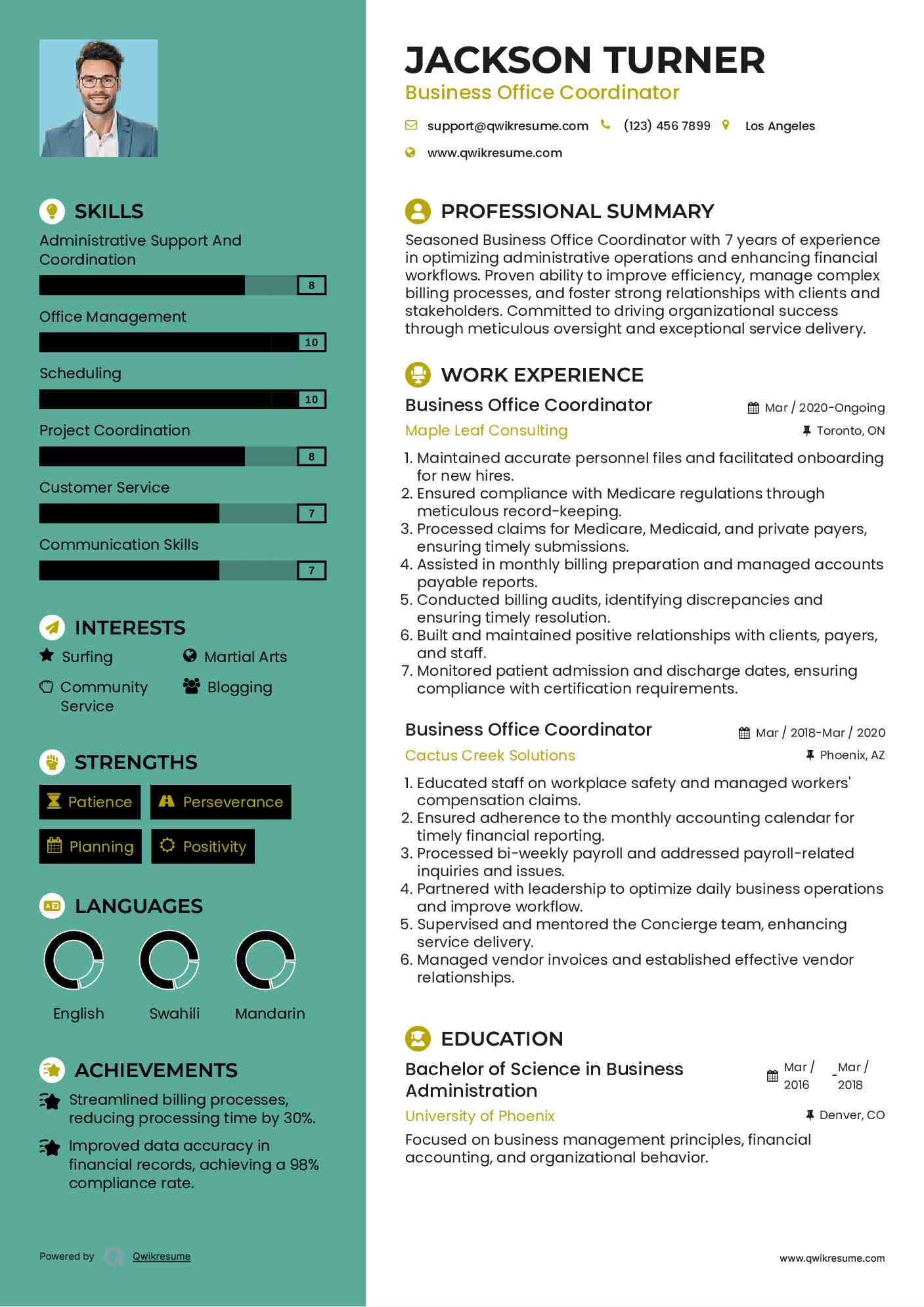 Business Office Coordinator Resume Template