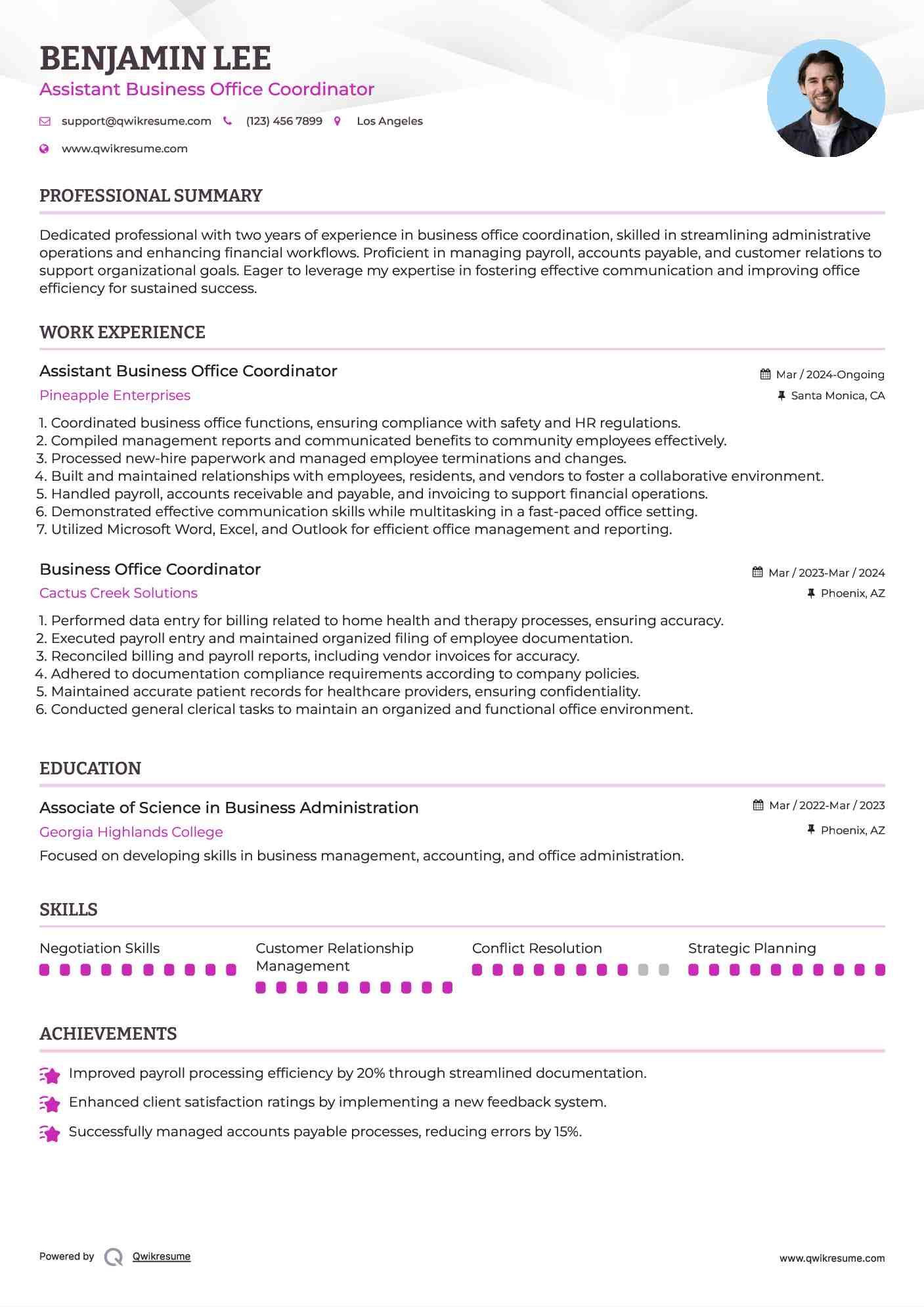 Assistant Business Office Coordinator Resume Sample