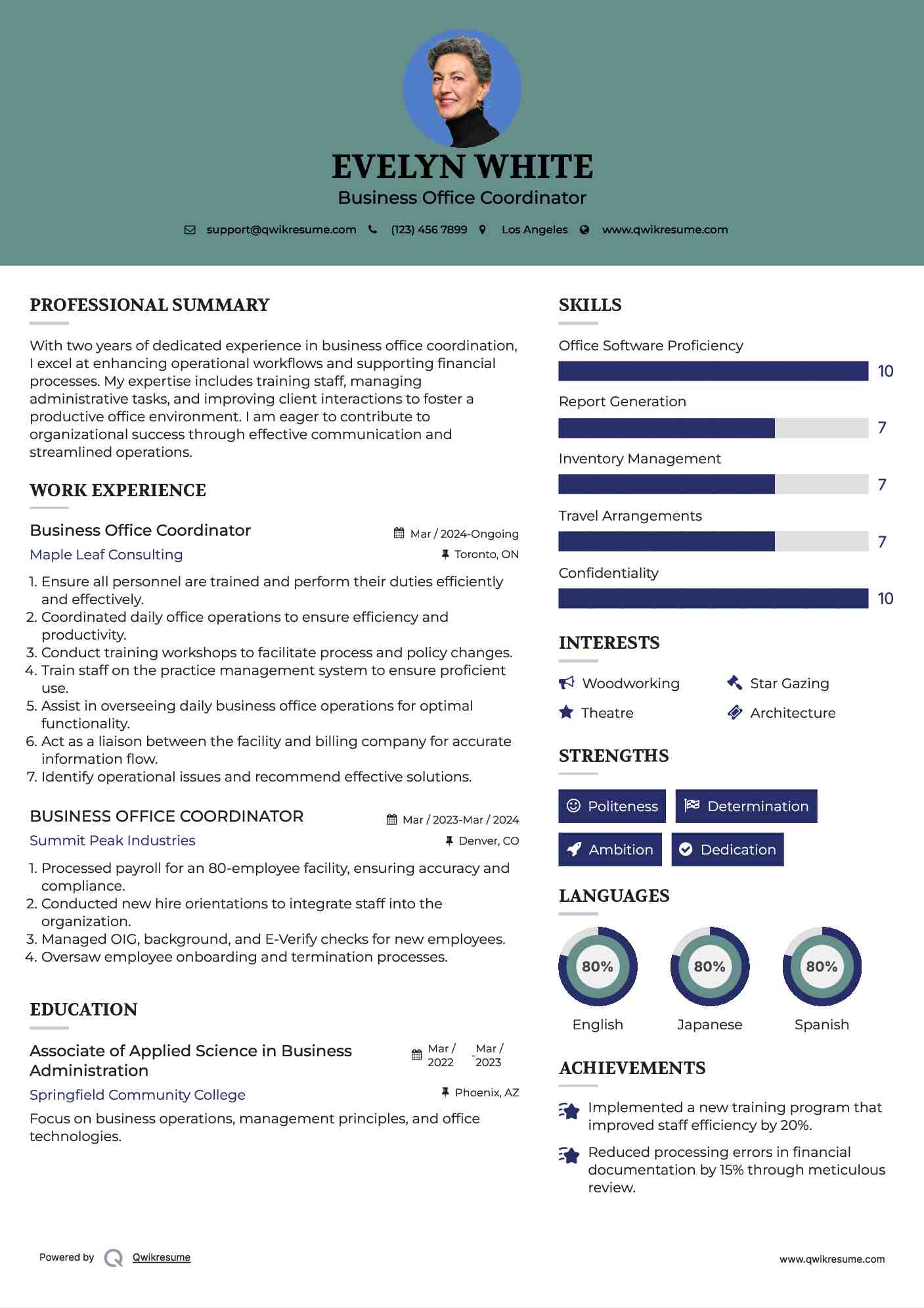 Business Office Coordinator Resume Sample