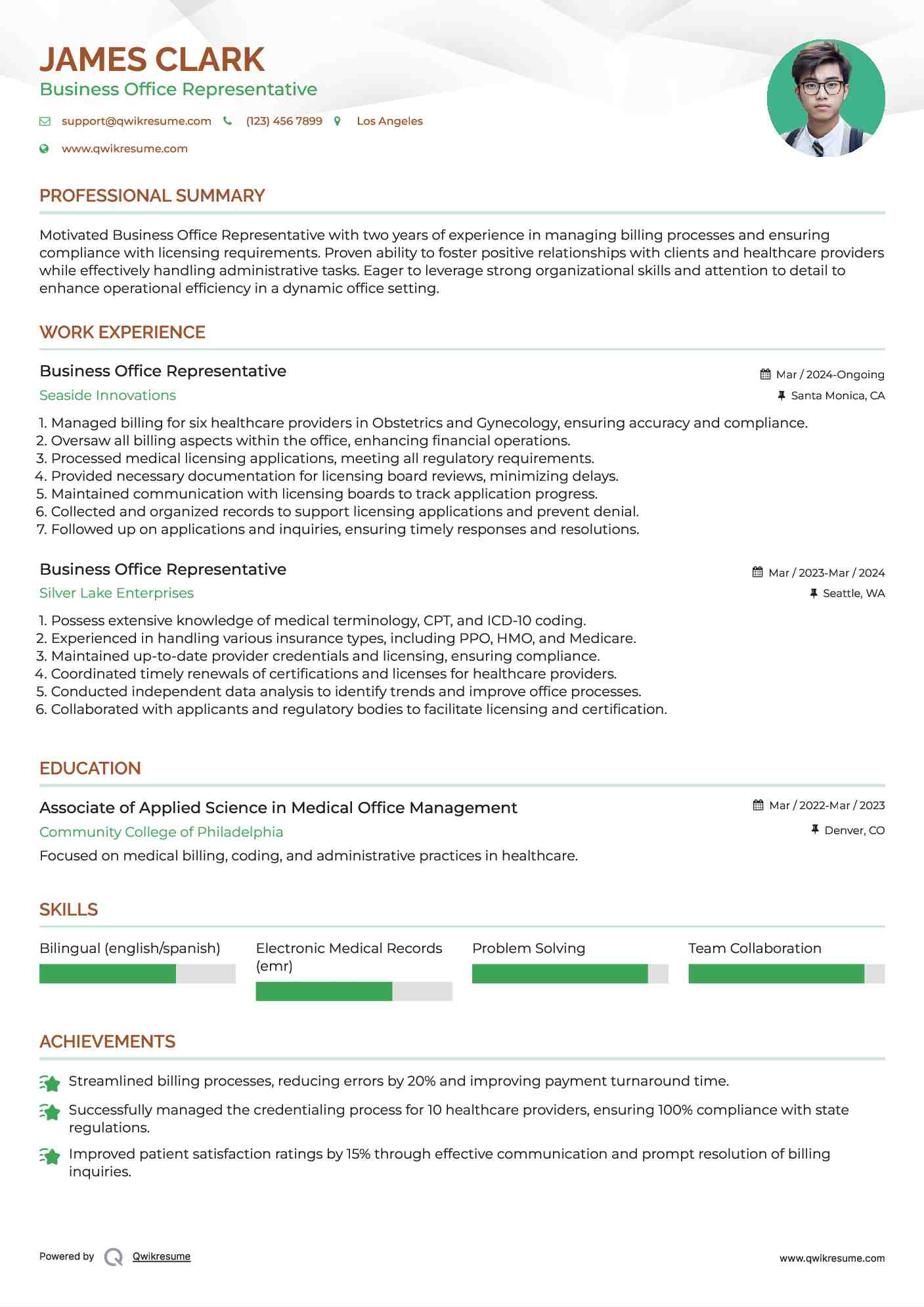 Business Office Representative Resume Format