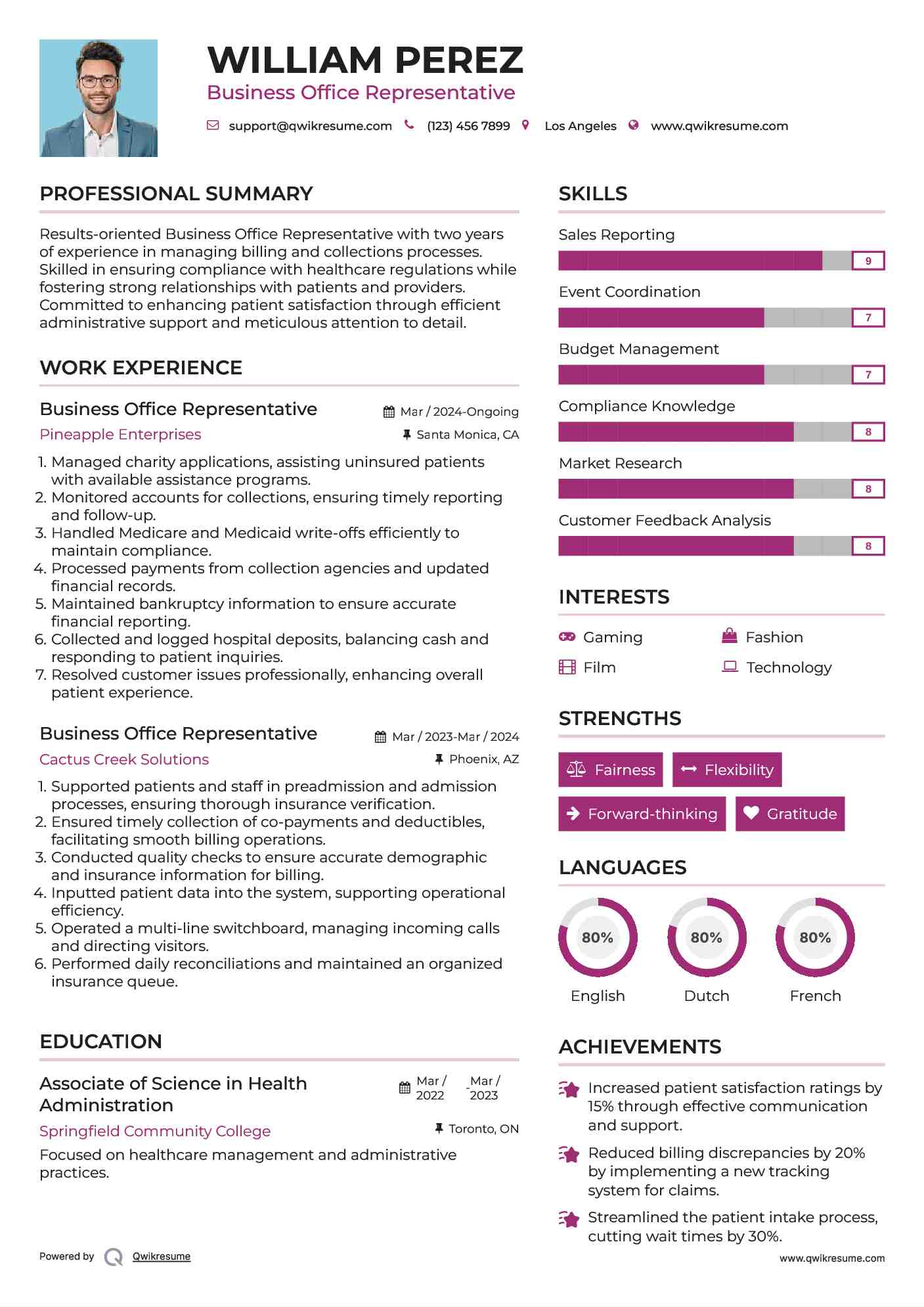 Business Office Representative Resume Model
