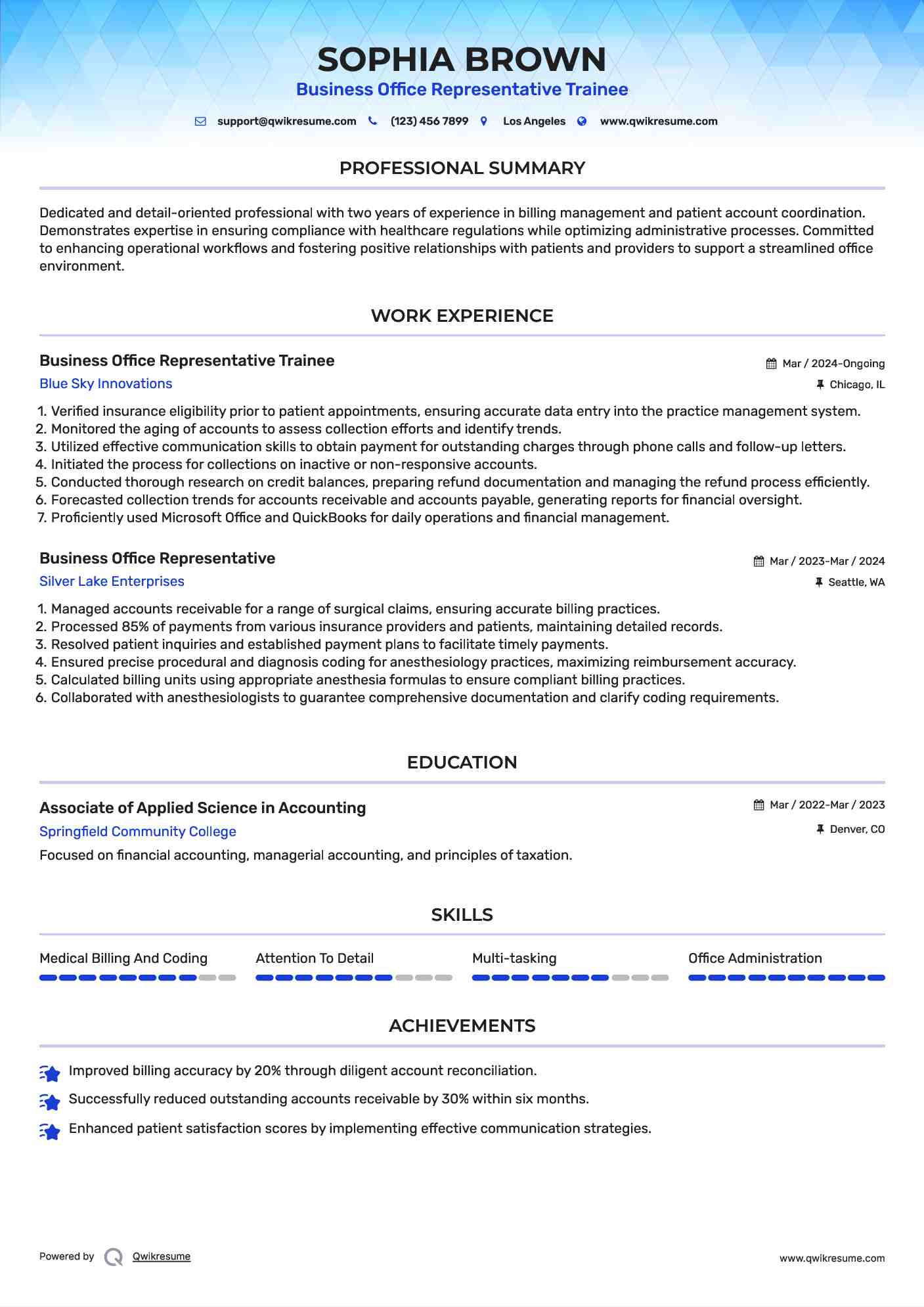 Business Office Representative Trainee Resume Template
