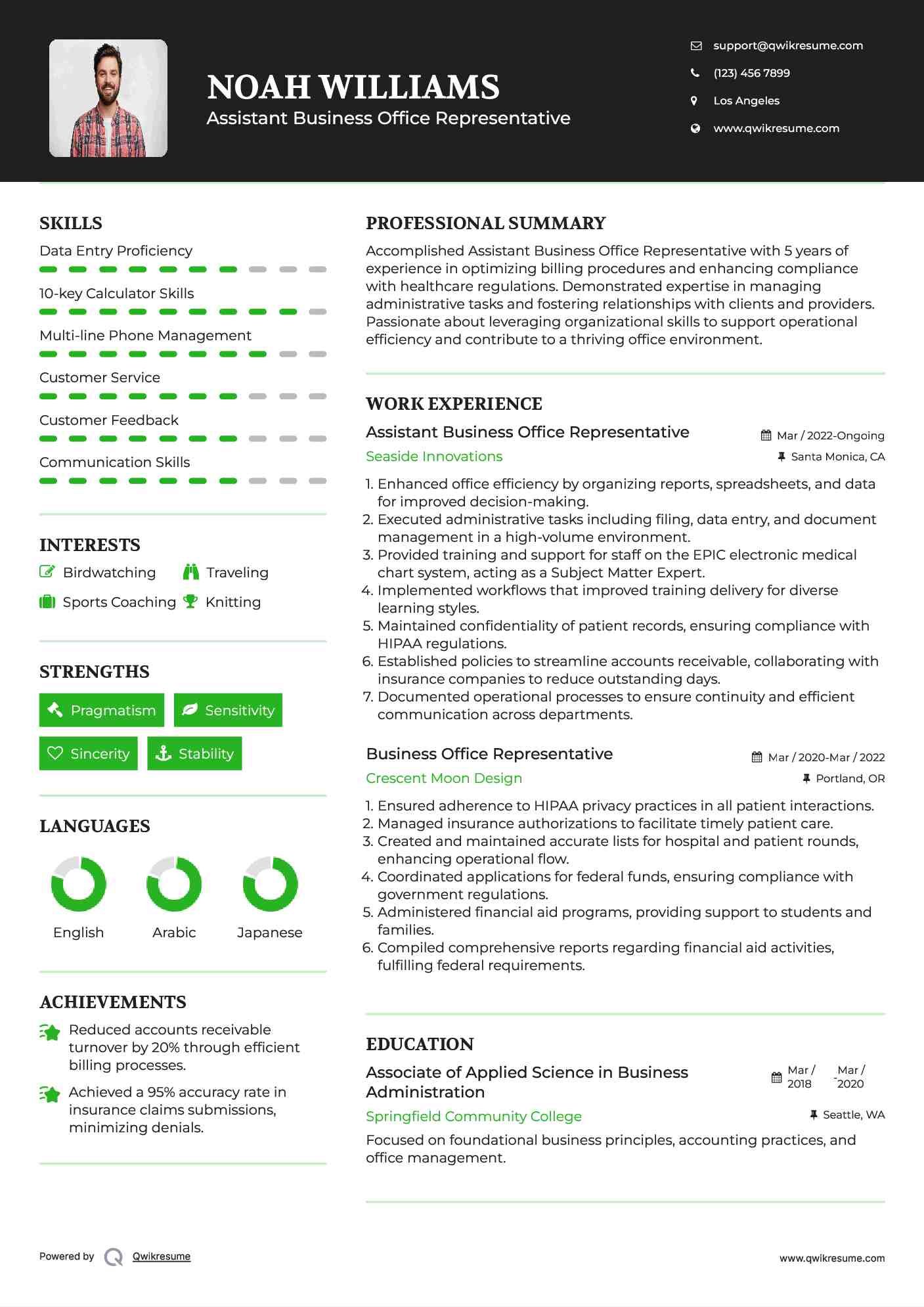 Assistant Business Office Representative  Resume Sample