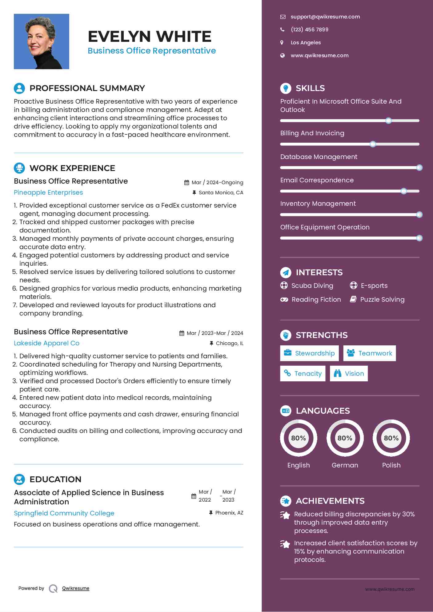 Business Office Representative Resume Format