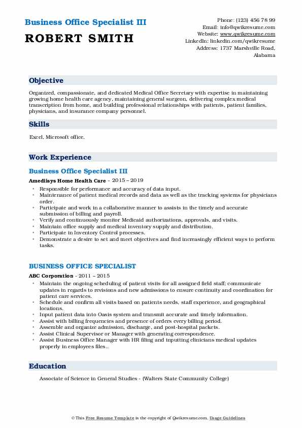 Business Office Specialist Resume Samples QwikResume