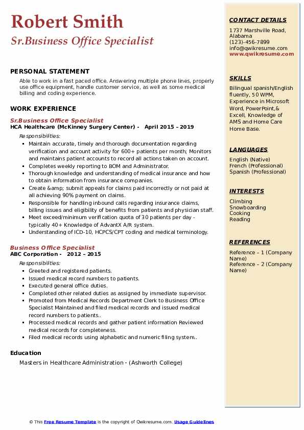 Business Office Specialist Resume Samples QwikResume