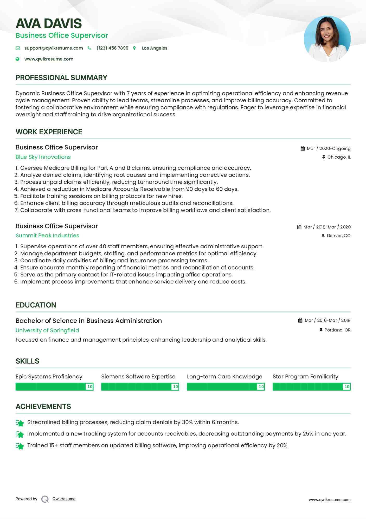Business Office Supervisor Resume Template