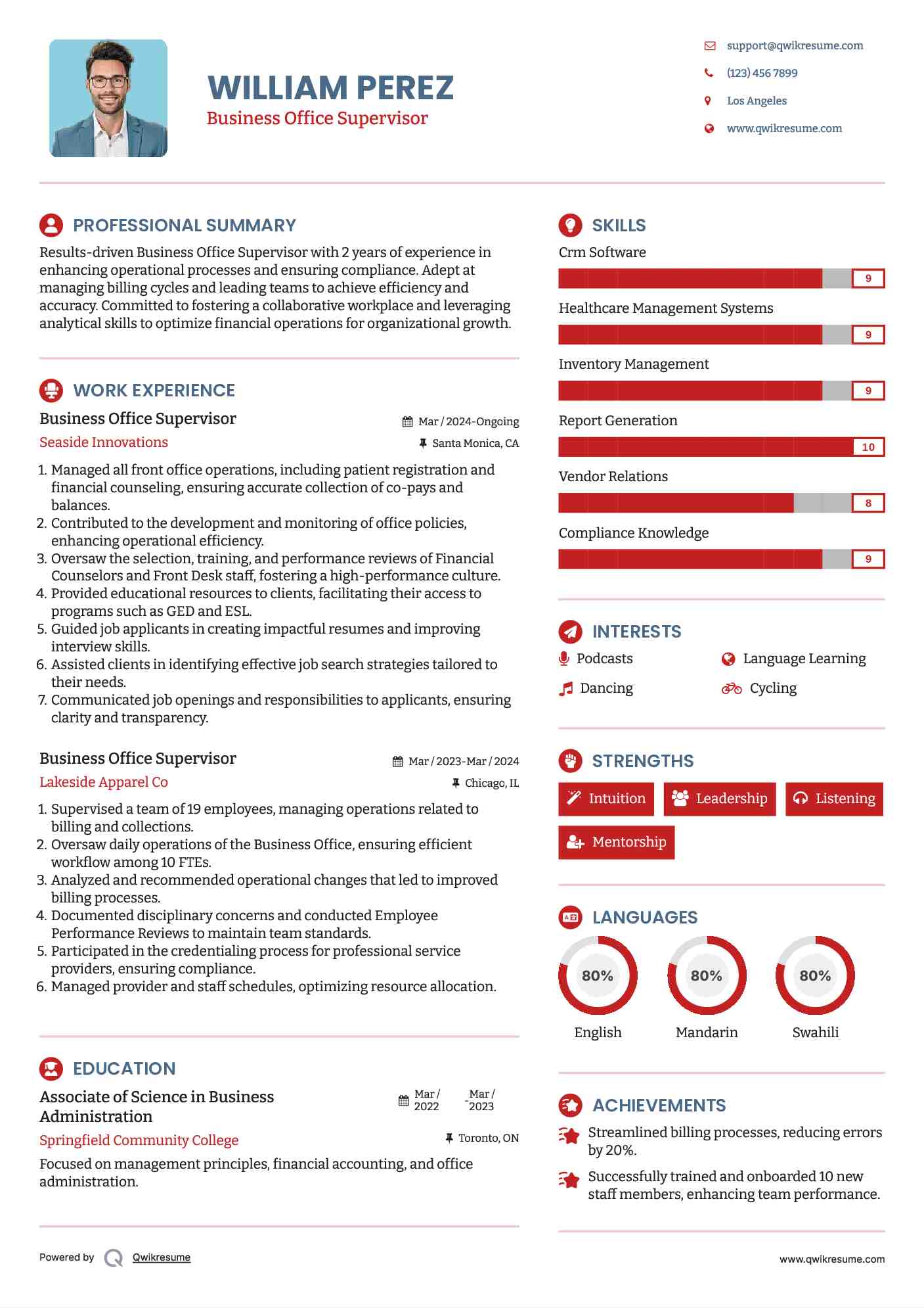 Business Office Supervisor Resume Example