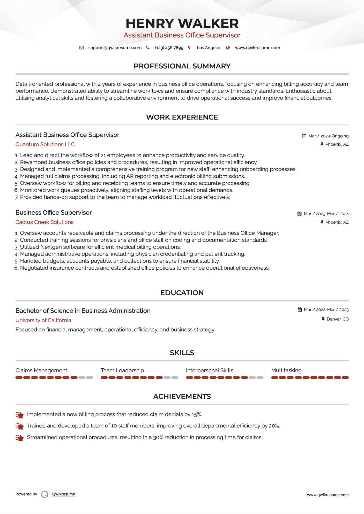 Assistant Business Office Supervisor  Resume Sample