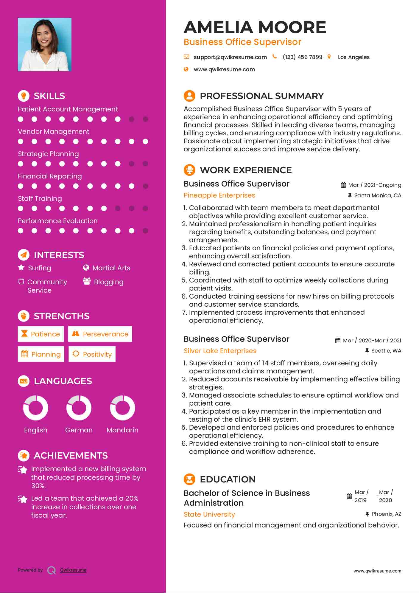 Business Office Supervisor Resume Format