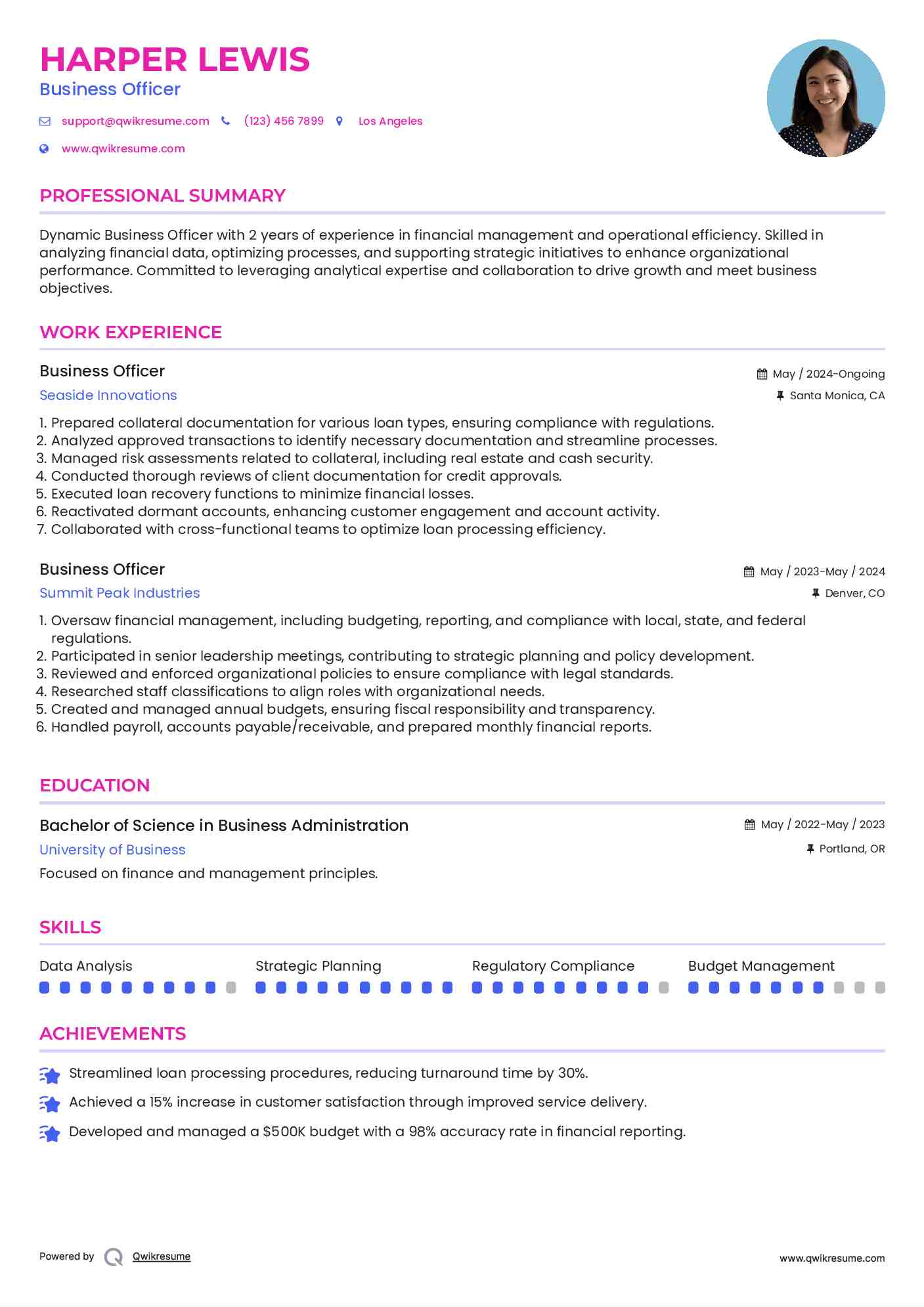 Business Officer Resume Format