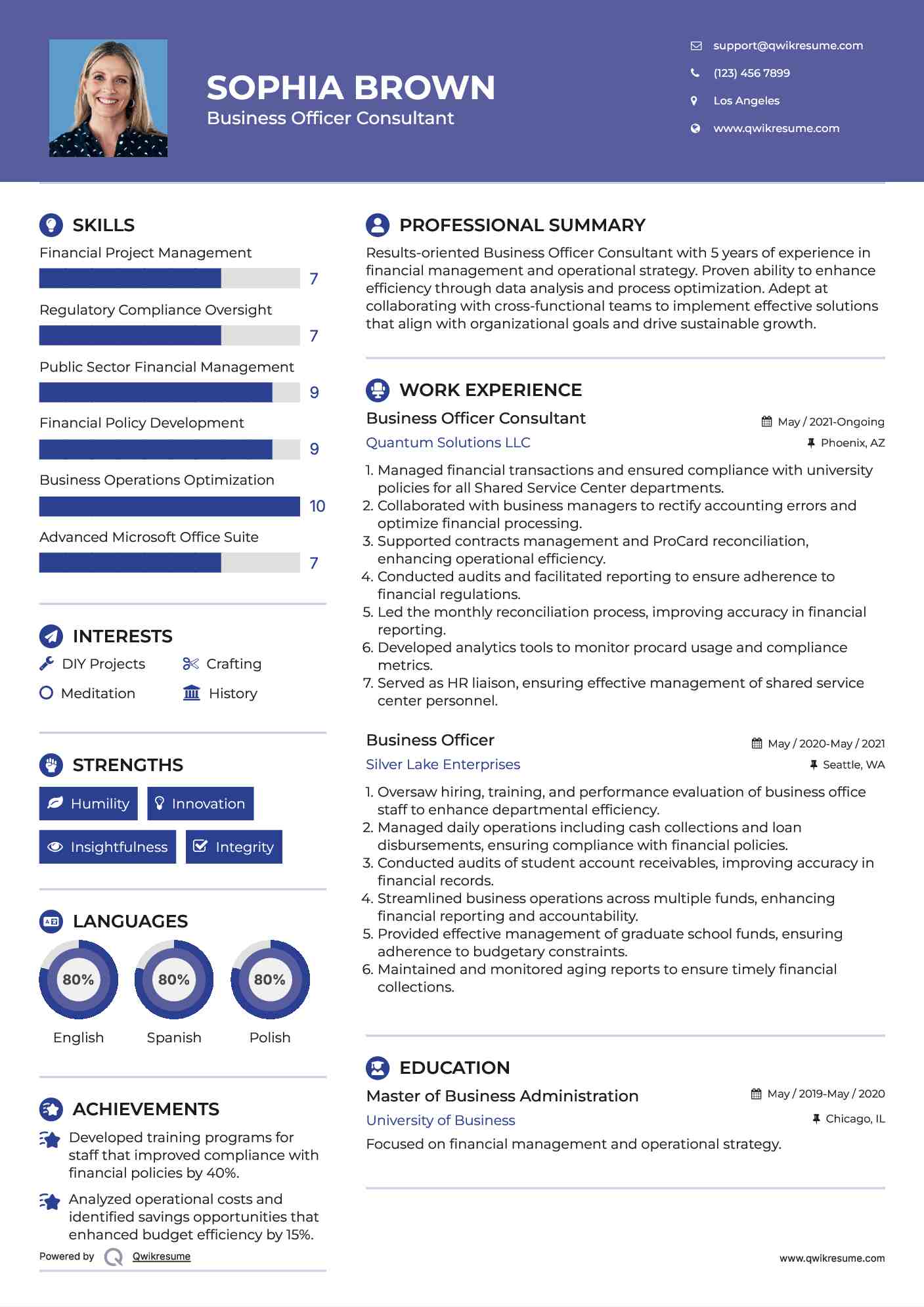 Business Officer Consultant Resume Sample